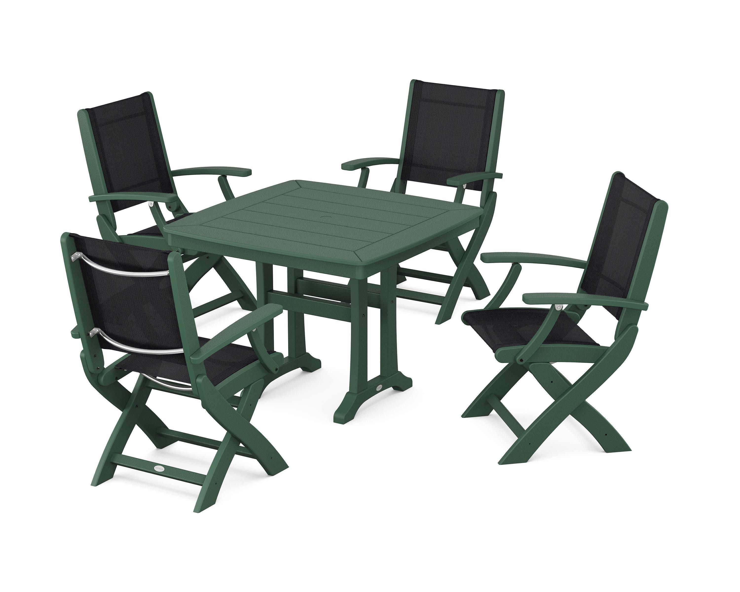 Coastal Folding Chair 5-Piece Dining Set with Trestle Legs in Green / Black Sling