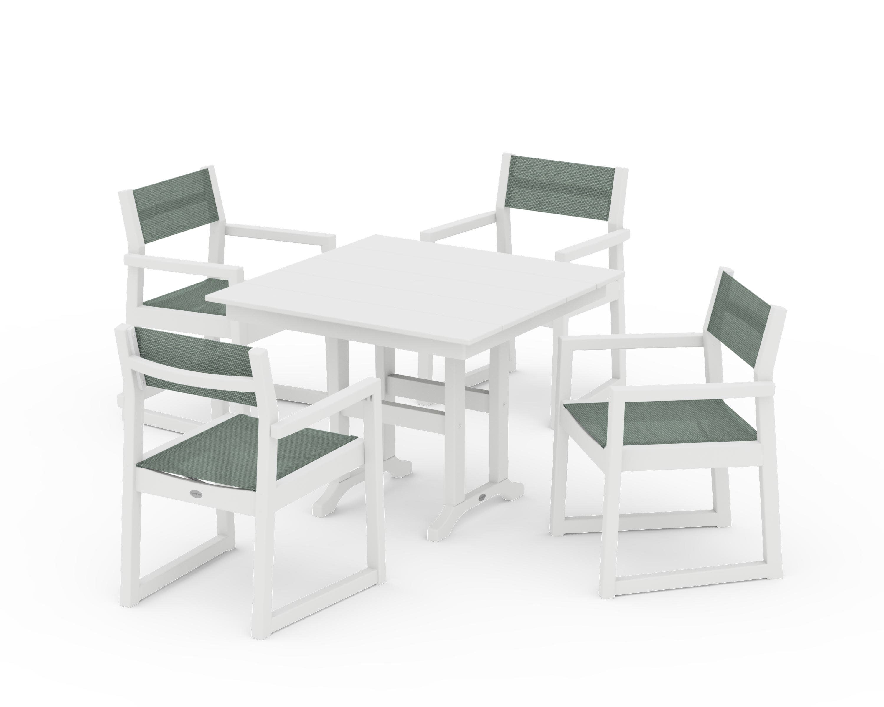 EDGE Sling Arm Chair 5-Piece Farmhouse Dining Set in White / Dupioni Sea Mist Sling
