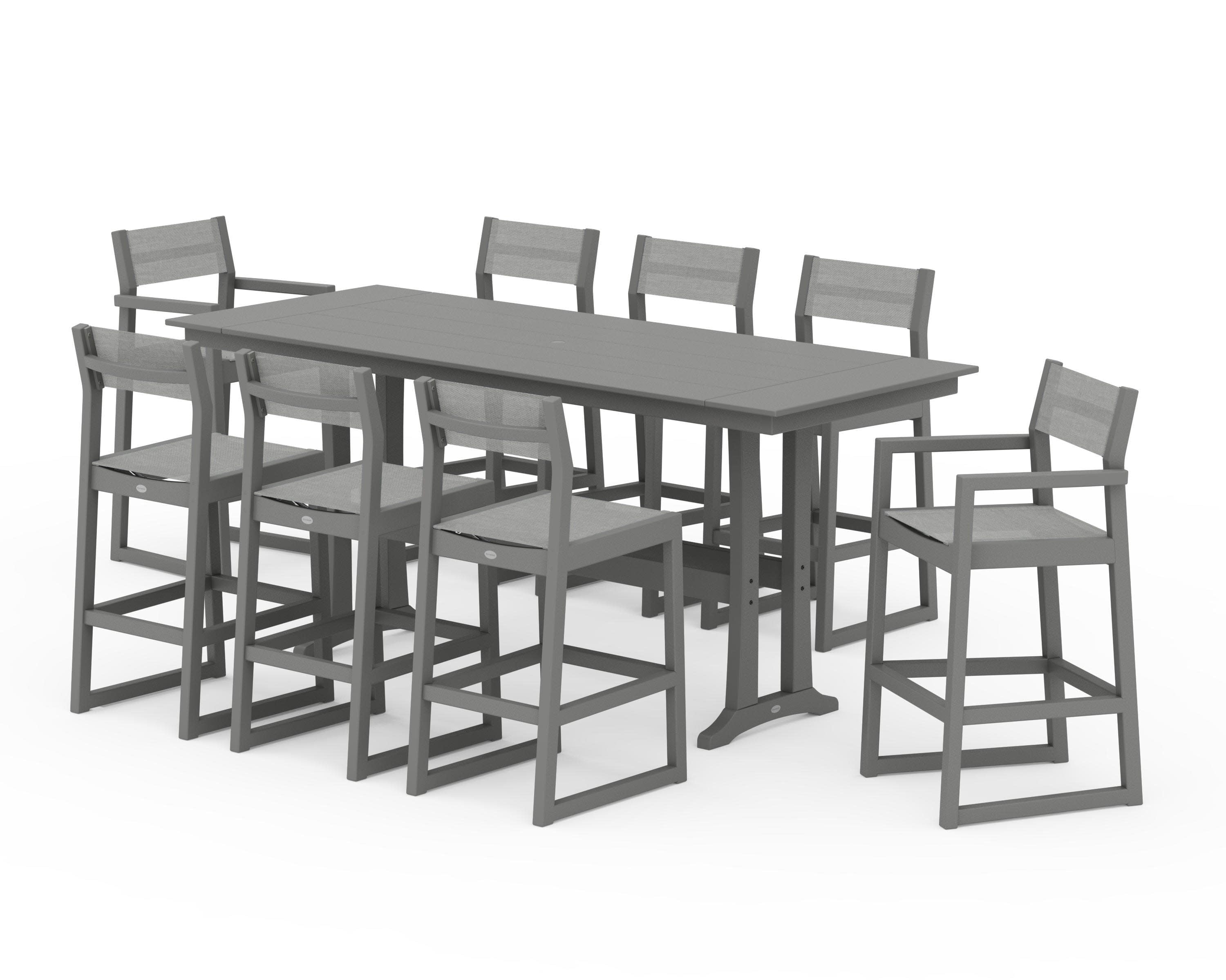 EDGE Sling 9-Piece Farmhouse Bar Set with Trestle Legs in Slate Grey / Metallic Sling