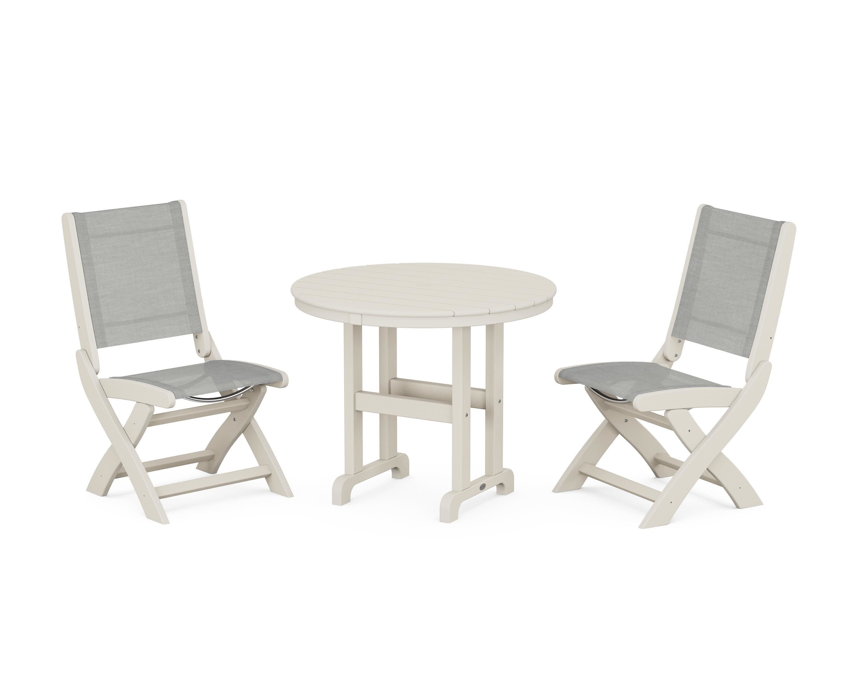 Coastal Folding Side Chair 3-Piece Round Dining Set in Sand / Metallic Sling