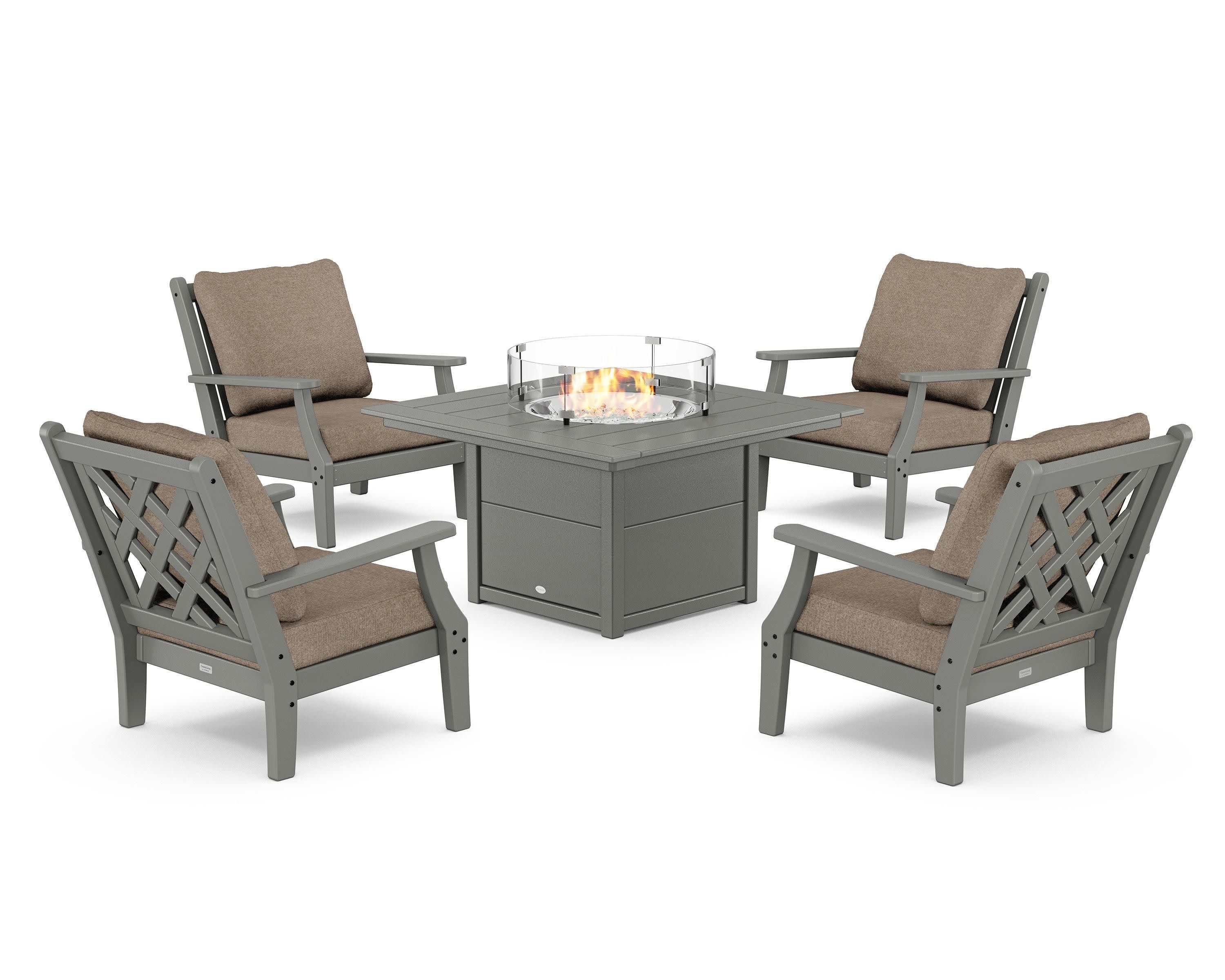 Wovendale 5-Piece Deep Seating Set with Fire Pit Table in Slate Grey / Spiced Burlap