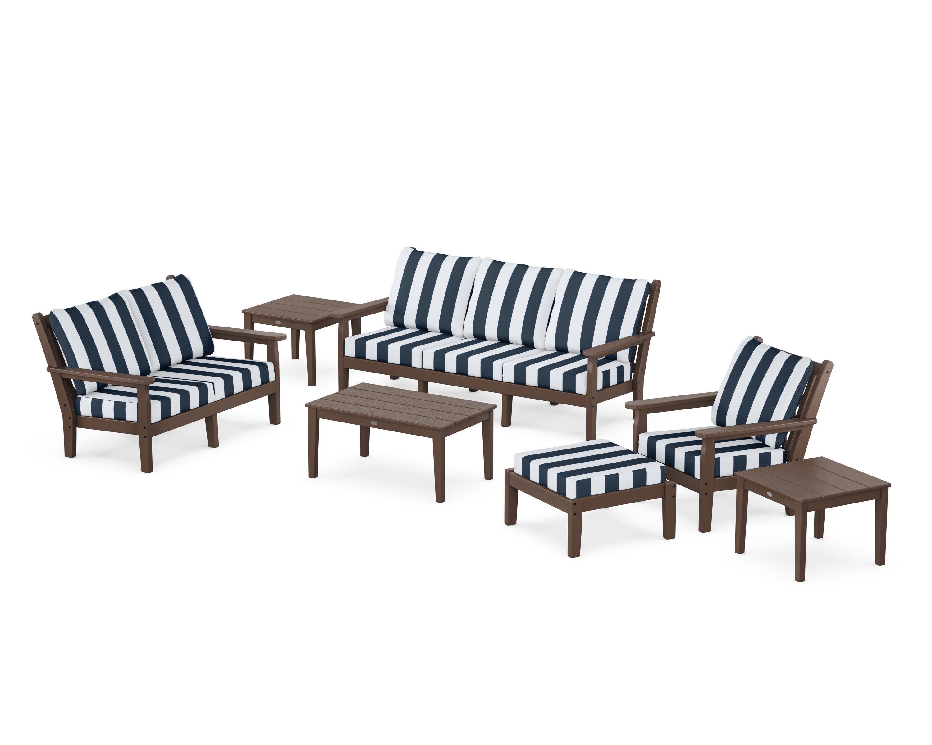 Chippendale 7-Piece Deep Seating Set in Mahogany / Cabana Stripe Marine Indigo