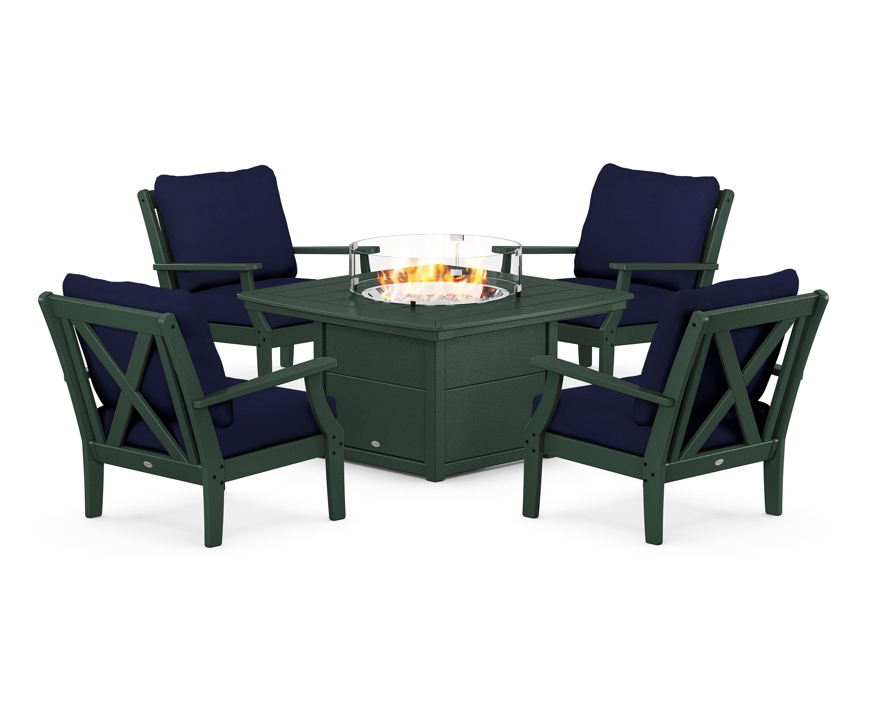 Braxton 5-Piece Deep Seating Conversation Set with Fire Pit Table in Green / Navy