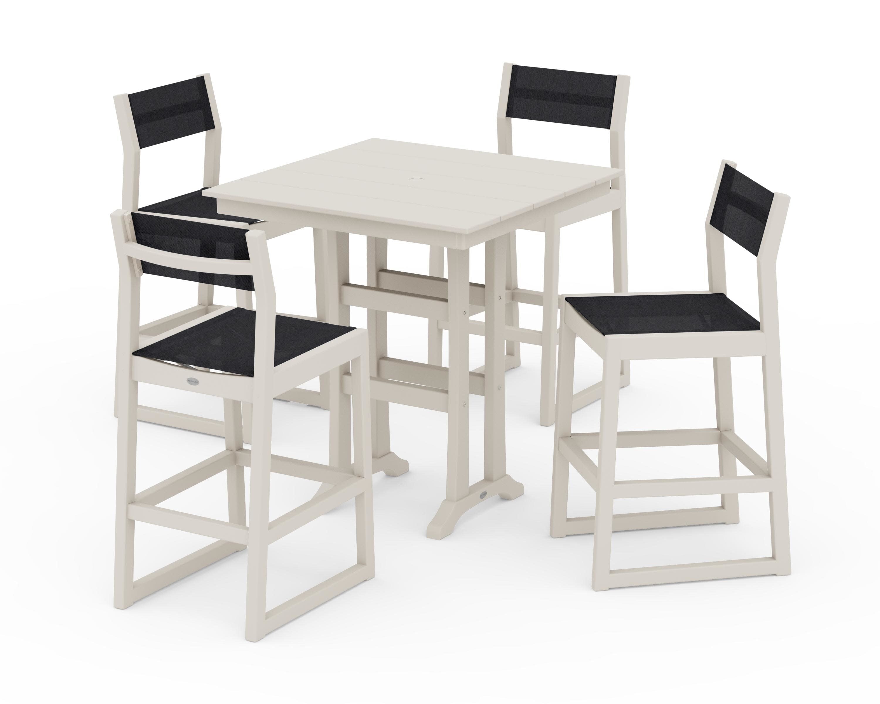 EDGE Sling Arm Chair 5-Piece Farmhouse Bar Set with Trestle Legs in Sand / Black Sling