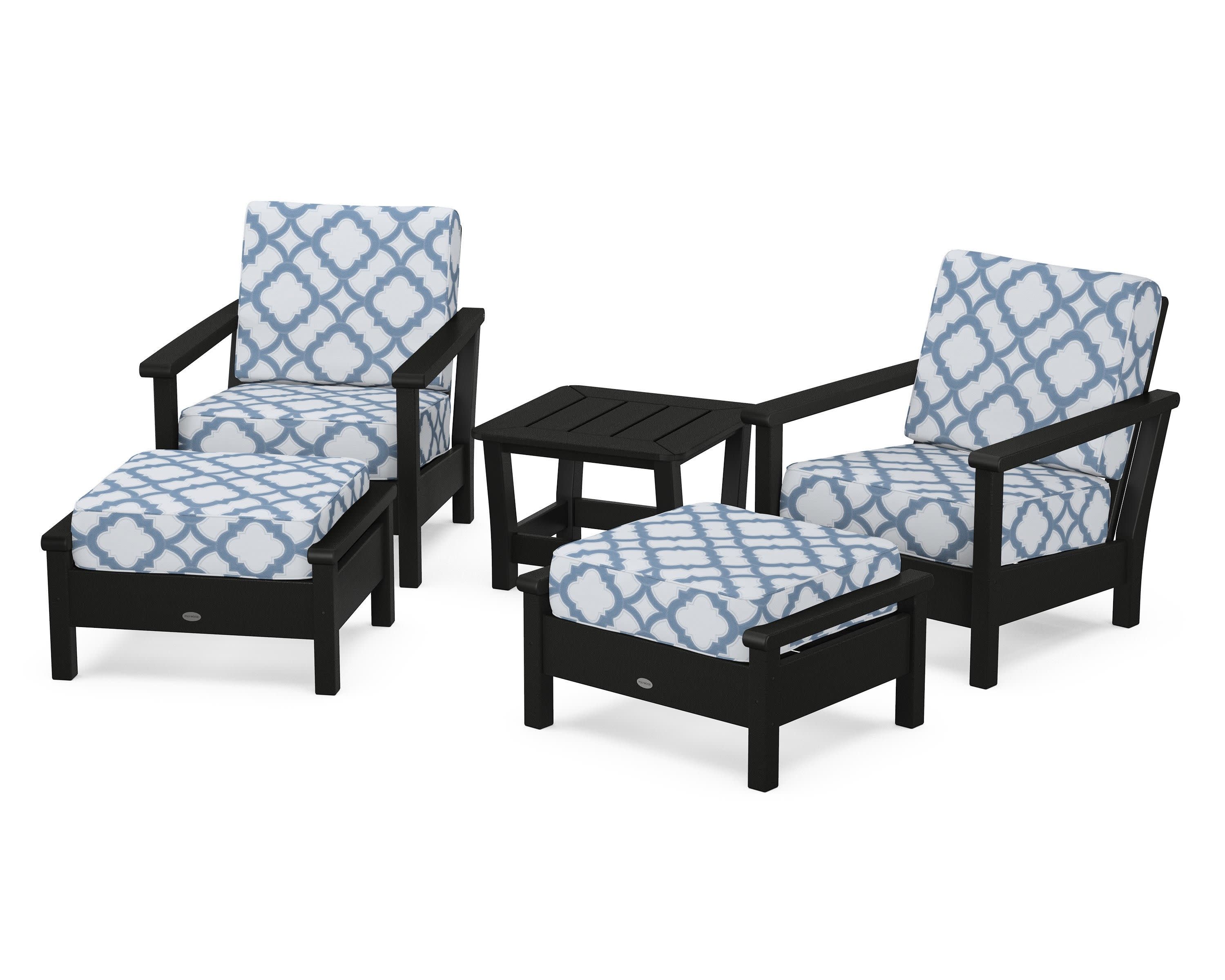 Harbour 5-Piece Deep Seating Chair Set in Black / Trellis Sky Blue