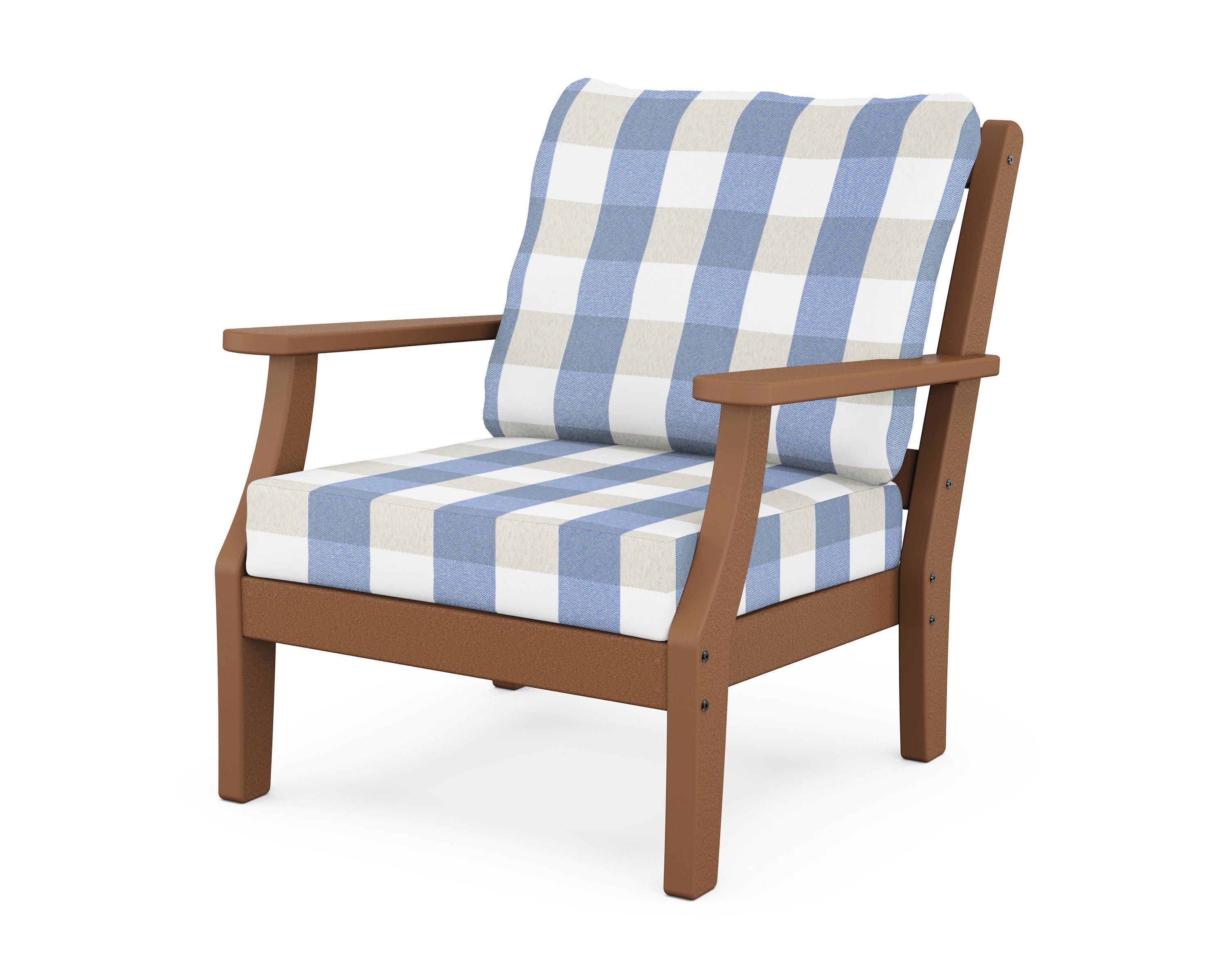 Chinoiserie Deep Seating Chair in Teak / Buffalo Plaid Sky Blue