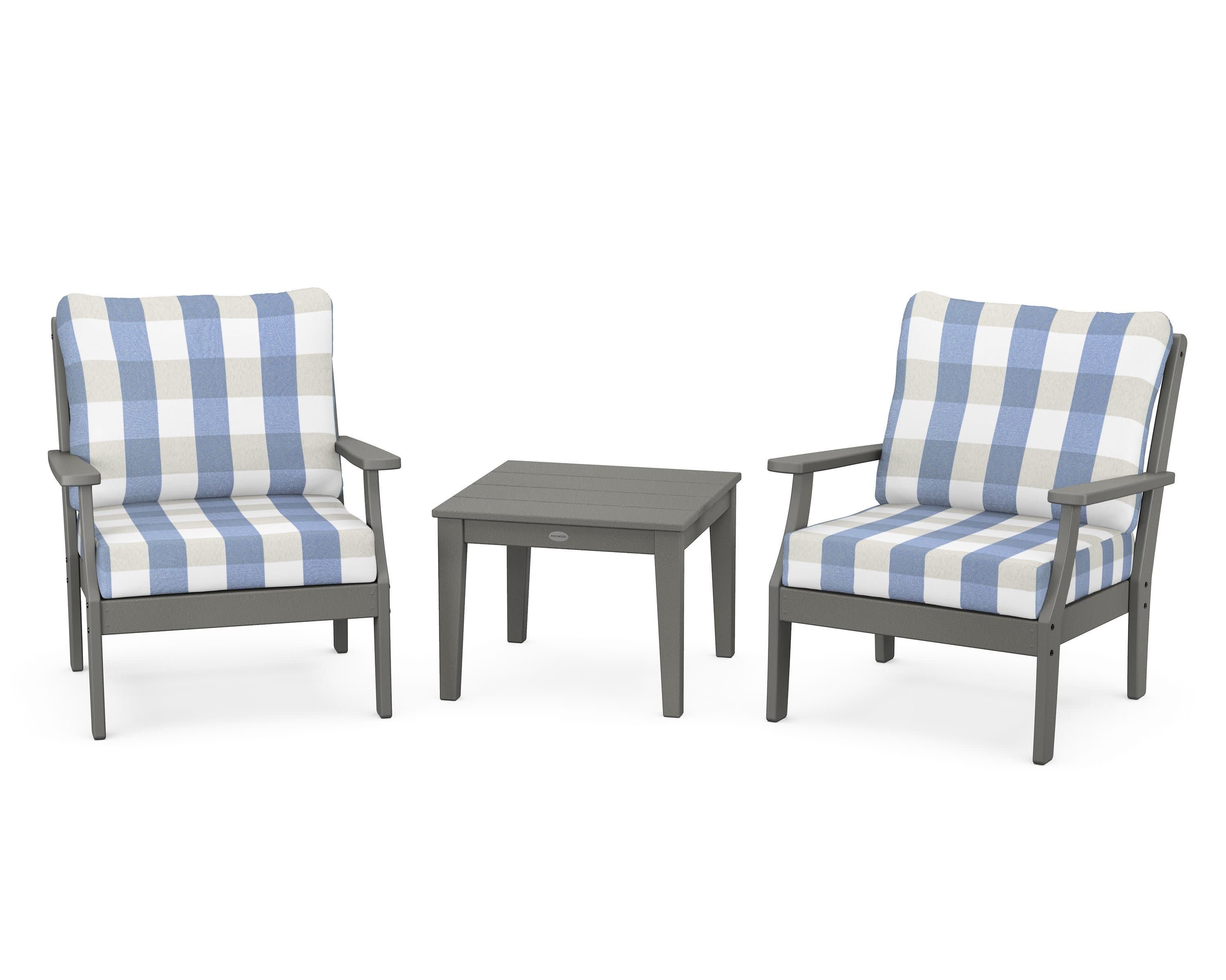 Braxton 3-Piece Deep Seating Set in Slate Grey / Buffalo Plaid Sky Blue
