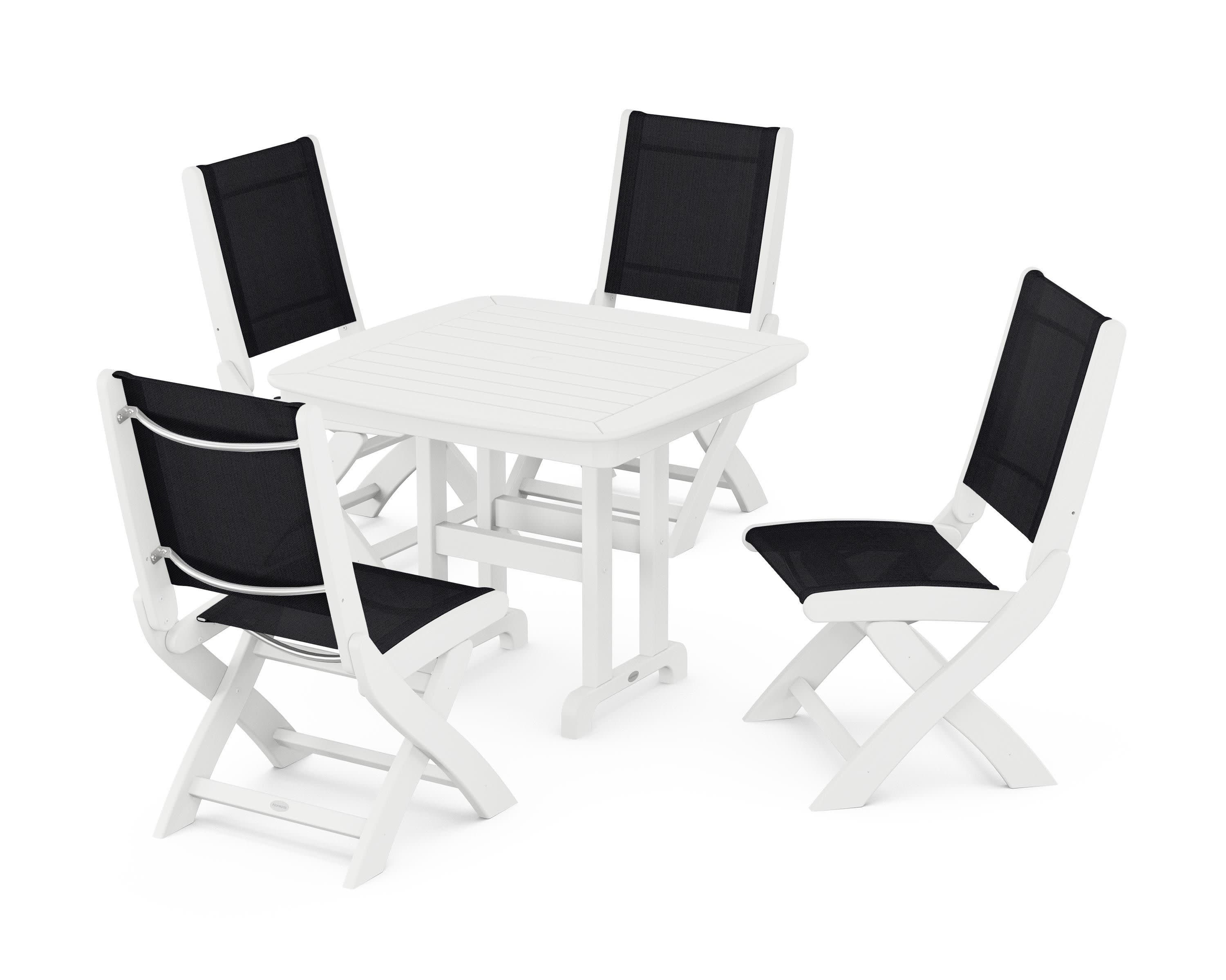 Coastal Folding Side Chair 5-Piece Dining Set in White / Black Sling