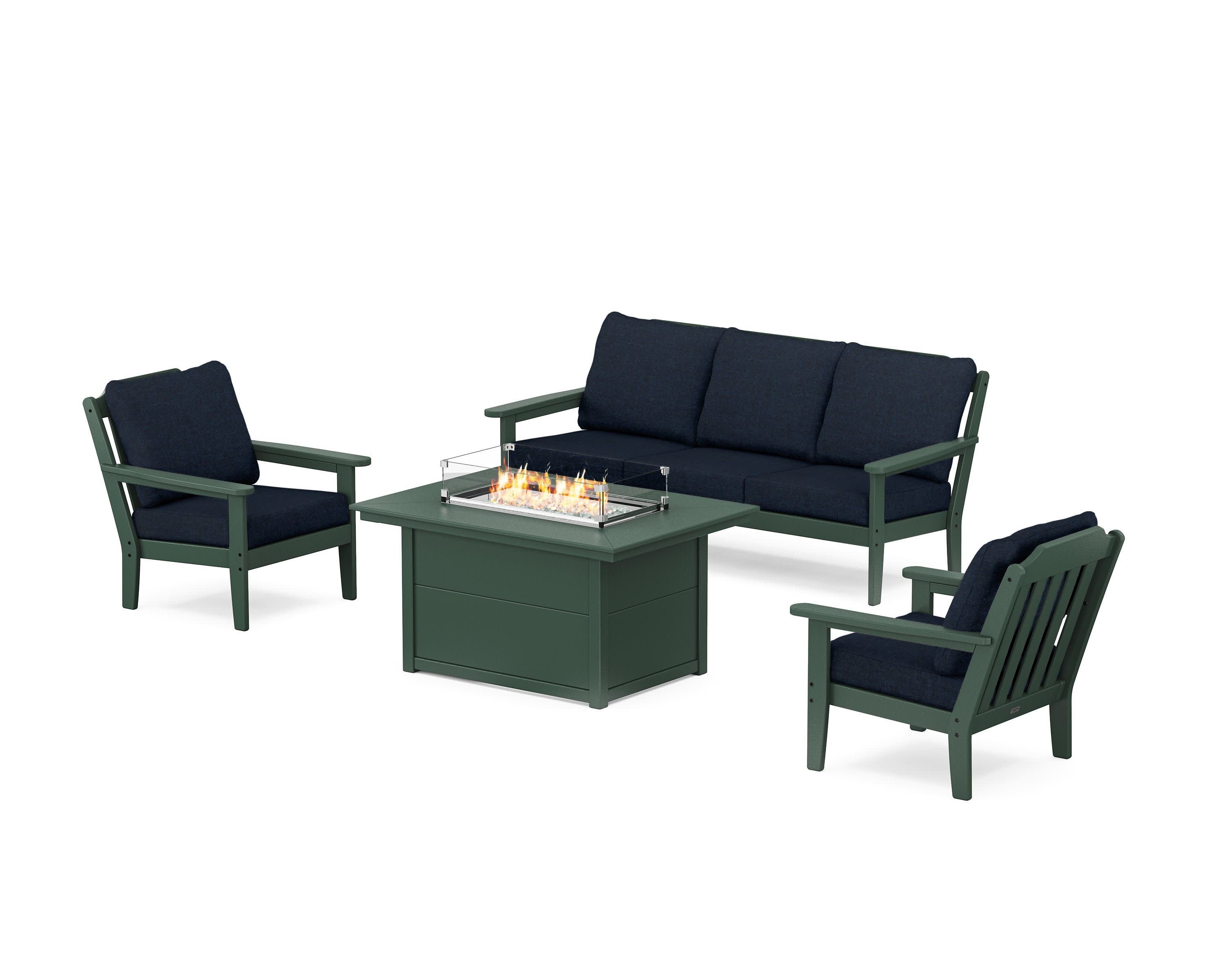 Cottage Deep Seating Fire Pit Table Set in Green / Marine Indigo