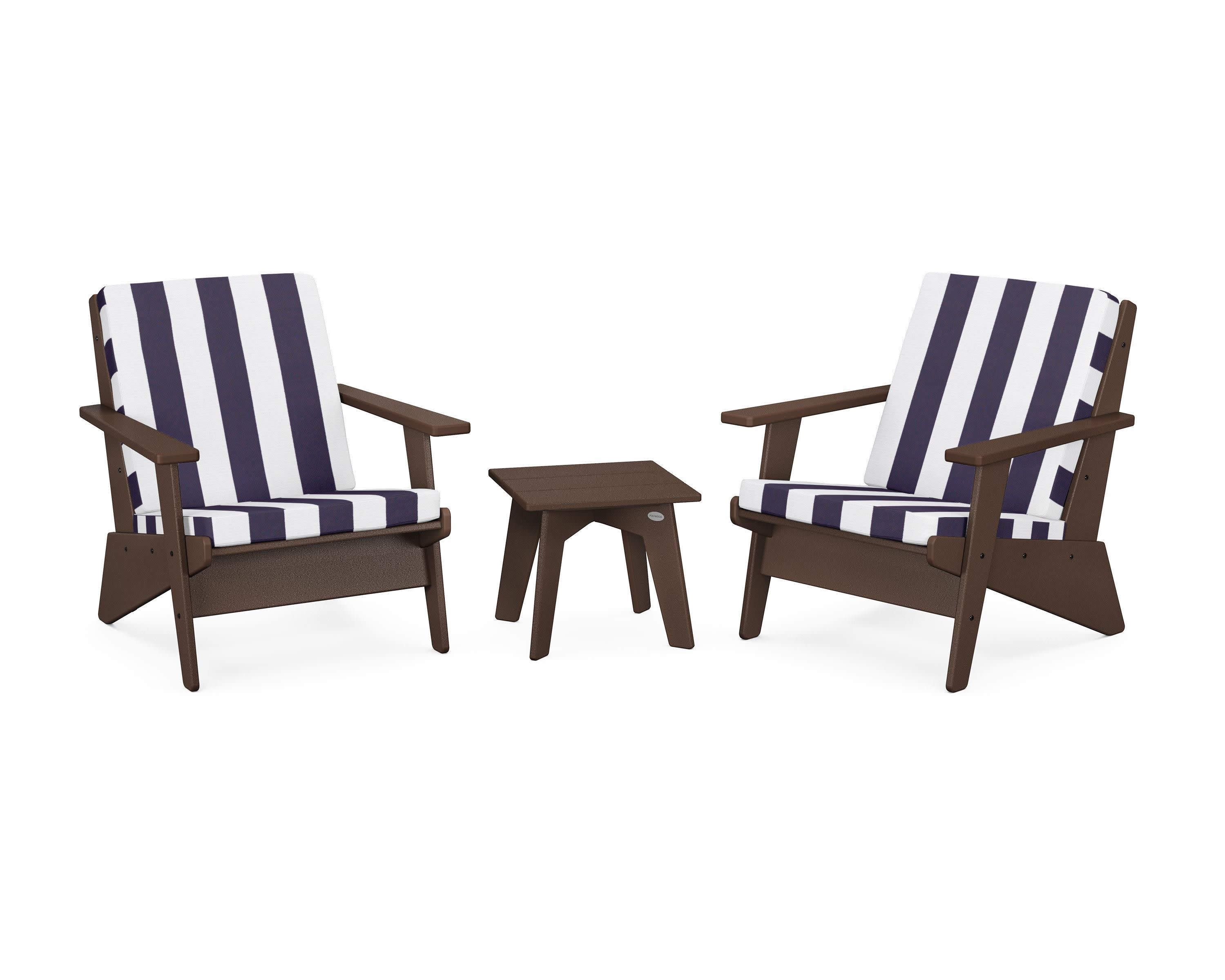 Riviera Modern Lounge 3-Piece Set in Mahogany / Cabana Stripe Navy