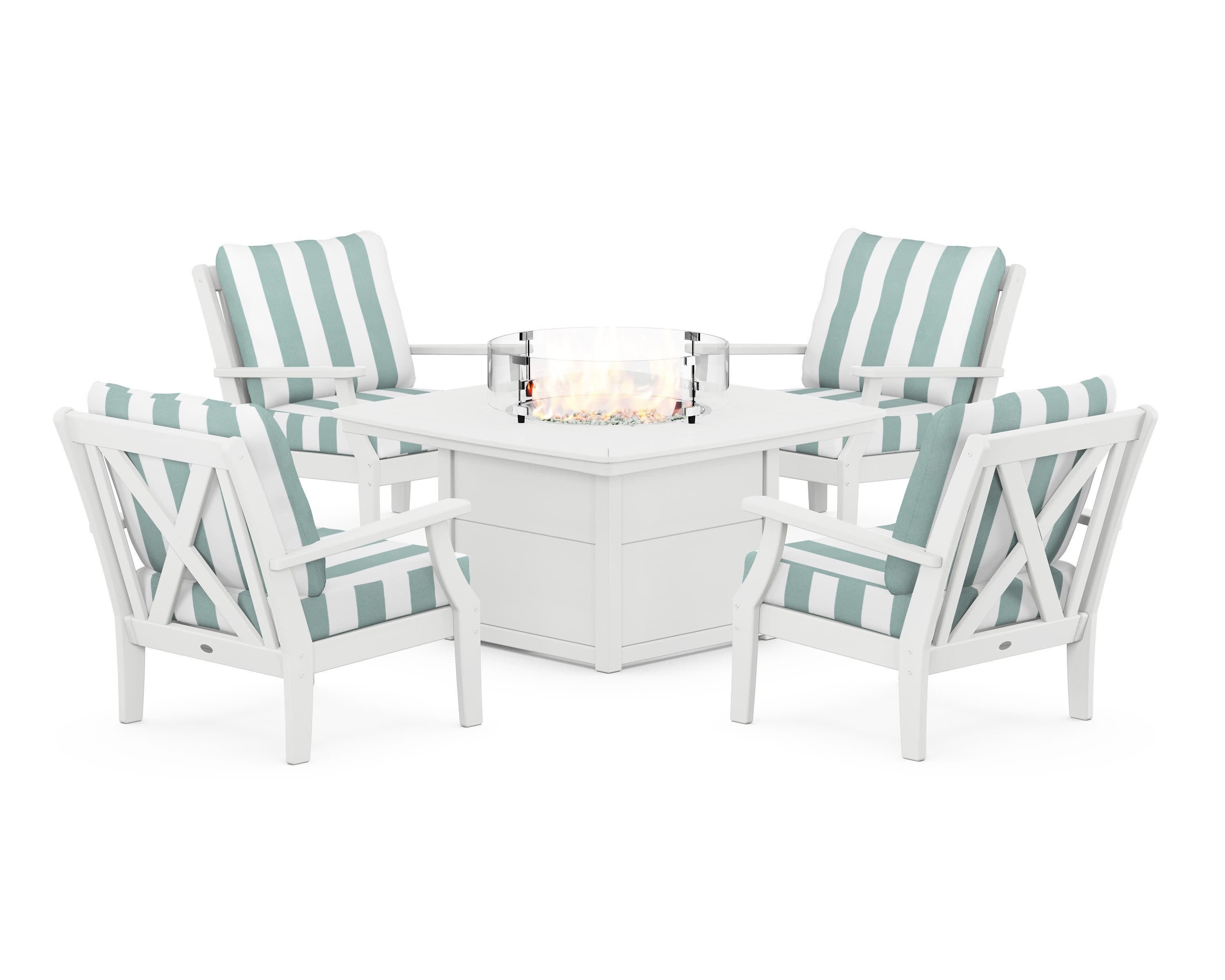 Braxton 5-Piece Deep Seating Conversation Set with Fire Pit Table in White / Cabana Stripe Glacier Spa