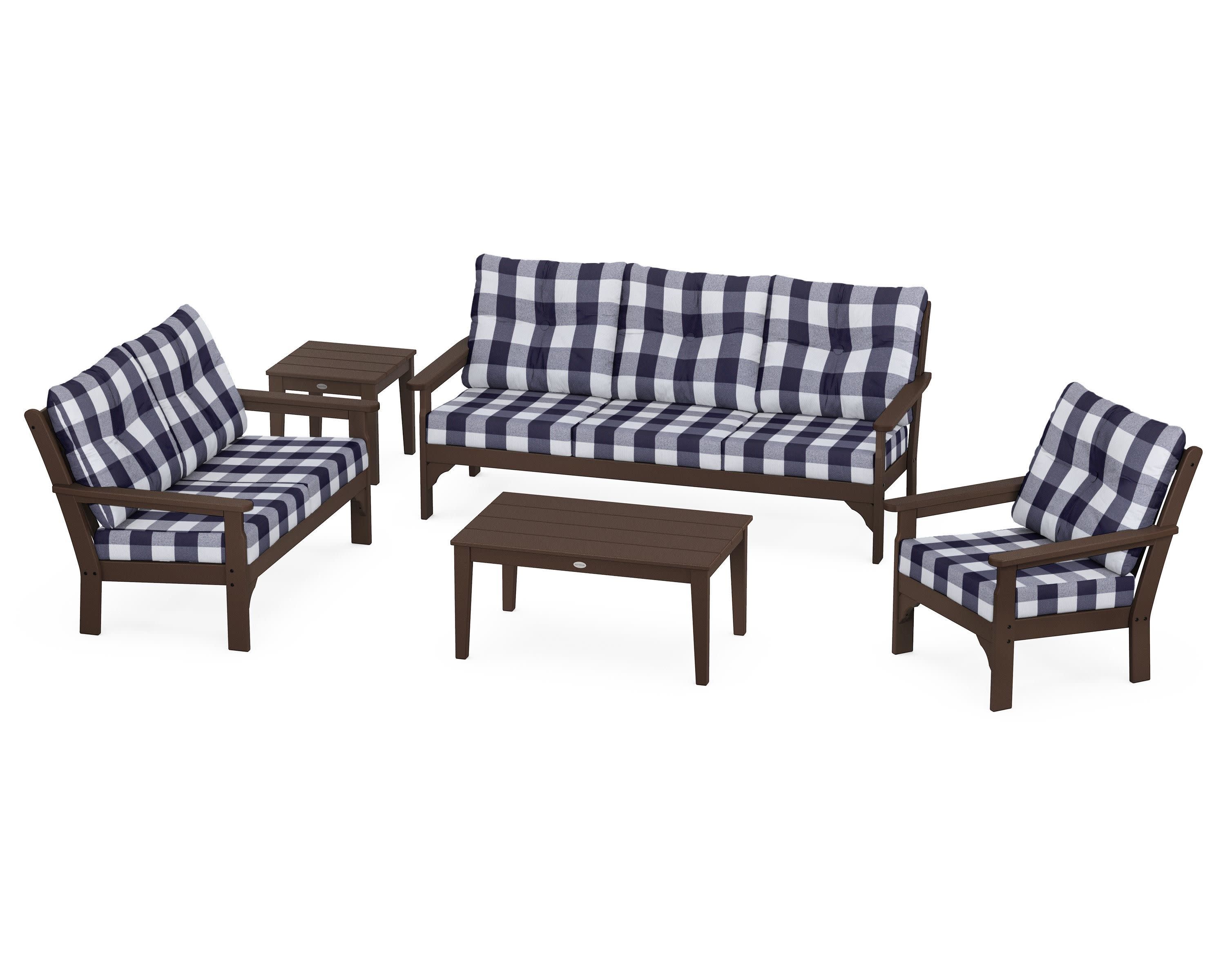 Vineyard 5 Piece Deep Seating Set in Mahogany / Buffalo Plaid Navy