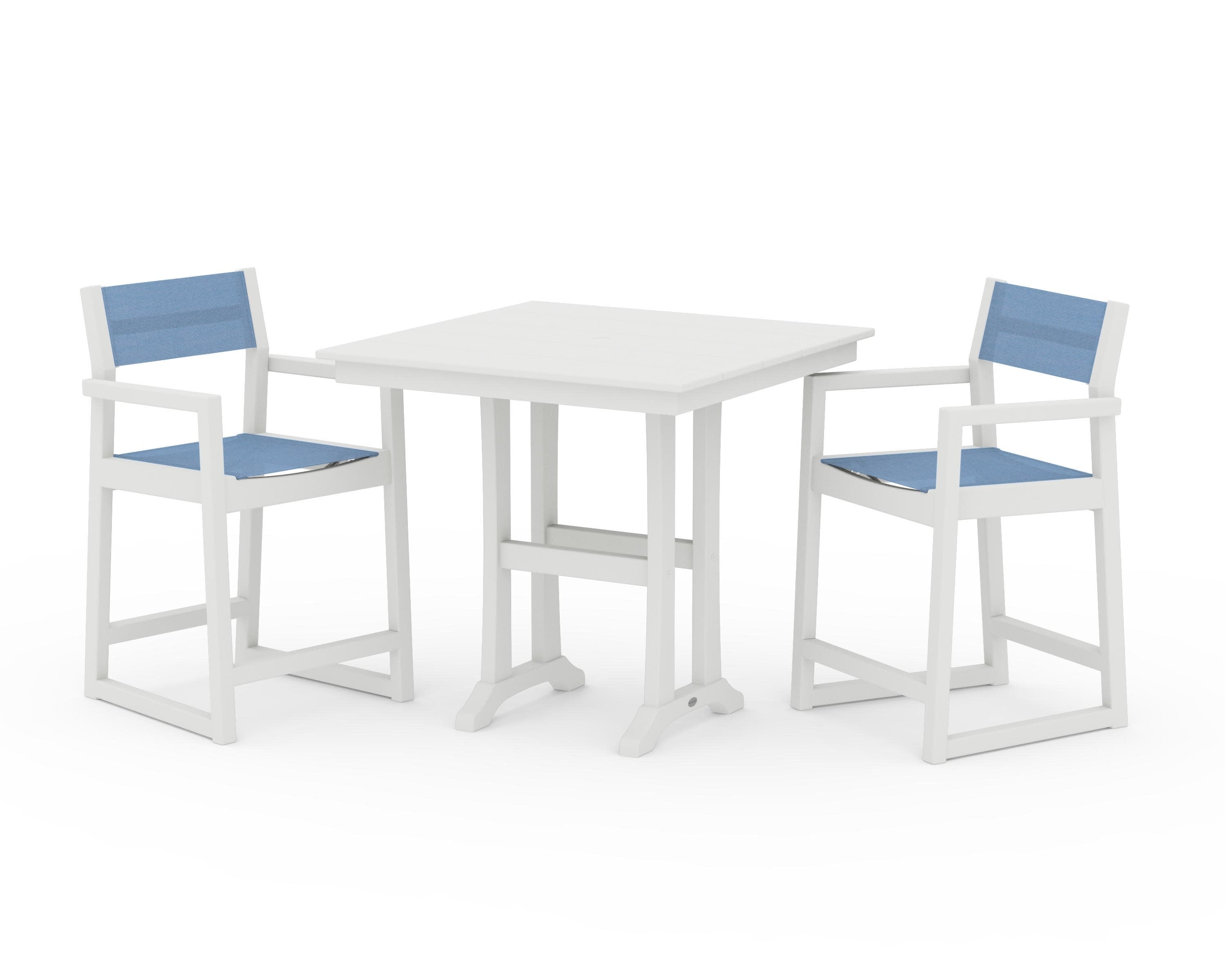 EDGE Sling Arm Chair 3-Piece Farmhouse Counter Set with Trestle Legs in Vintage White / Poolside Sling