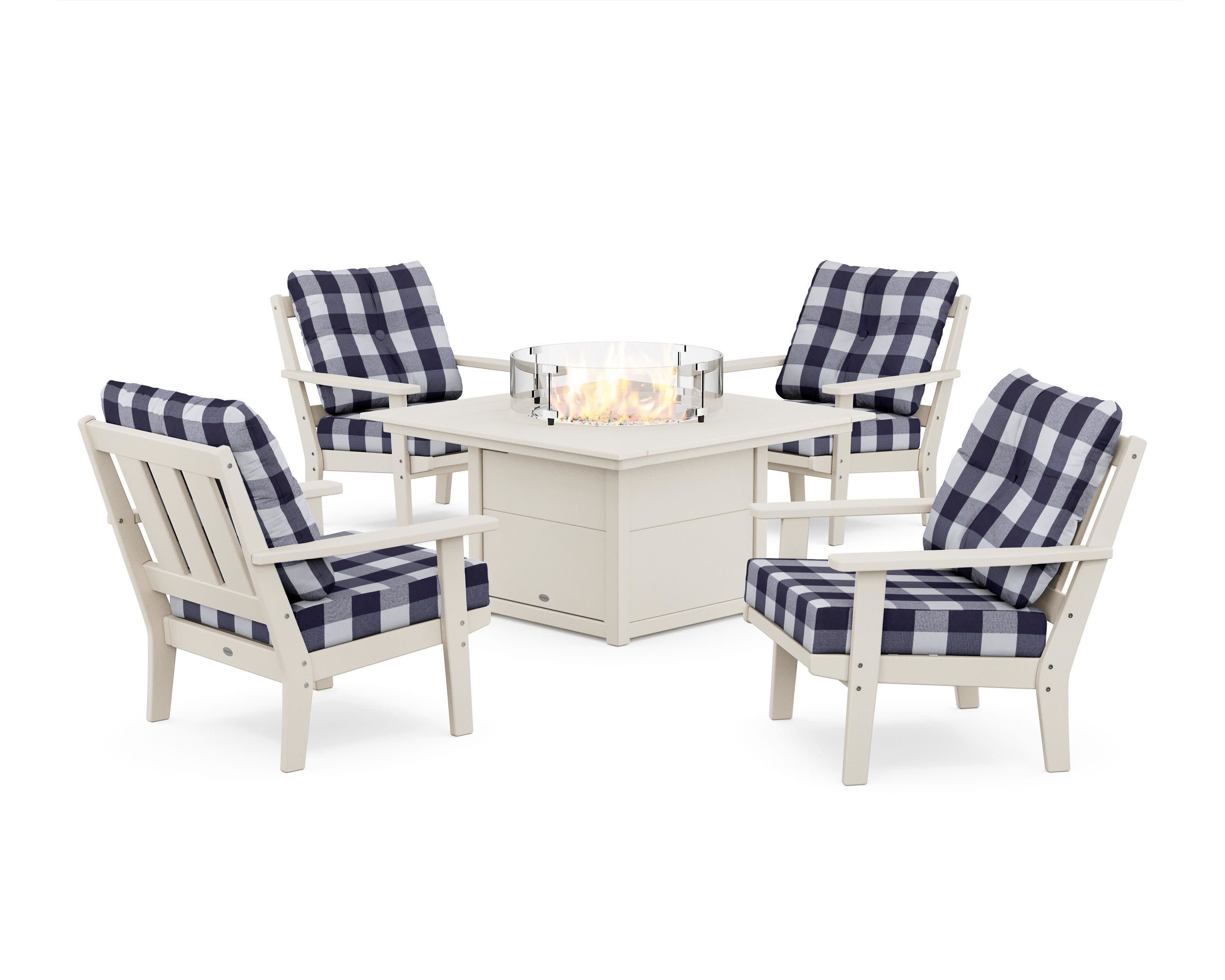 Oxford 5-Piece Deep Seating Set with Fire Pit Table in Sand / Buffalo Plaid Navy