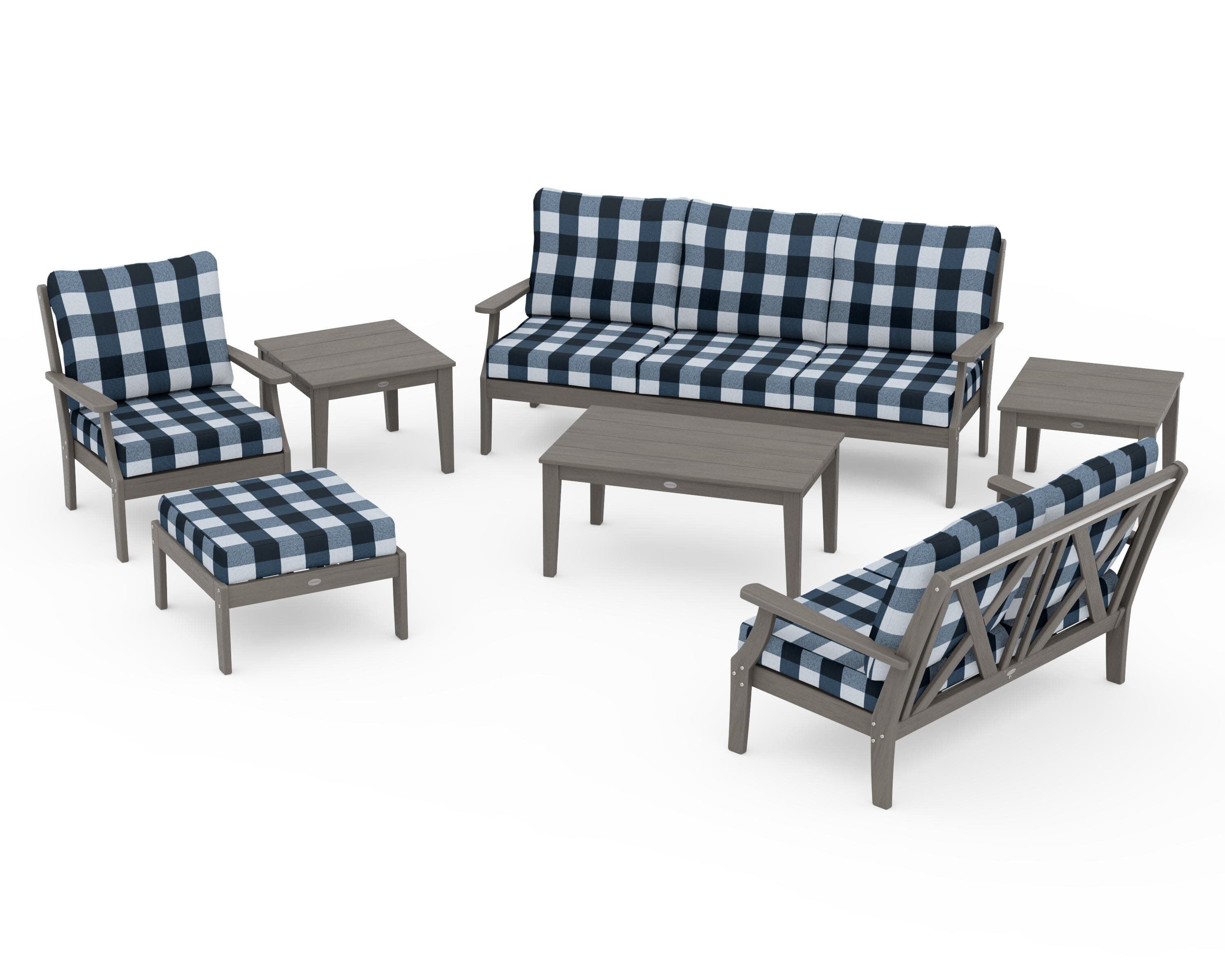 Braxton 7-Piece Deep Seating Set in Driftwood / Buffalo Plaid Marine Indigo