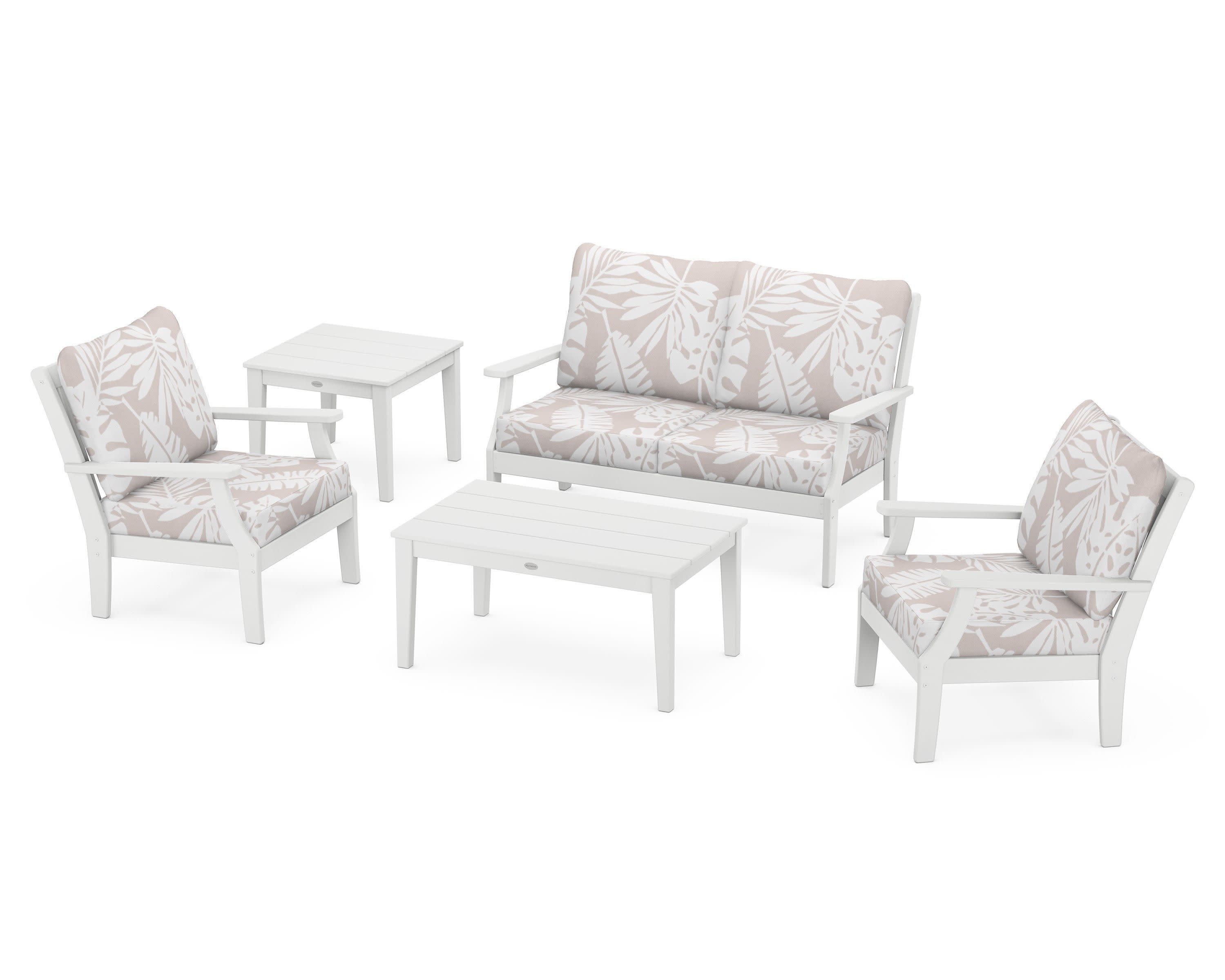 Braxton 5-Piece Deep Seating Set in White / Leaf Dune Burlap