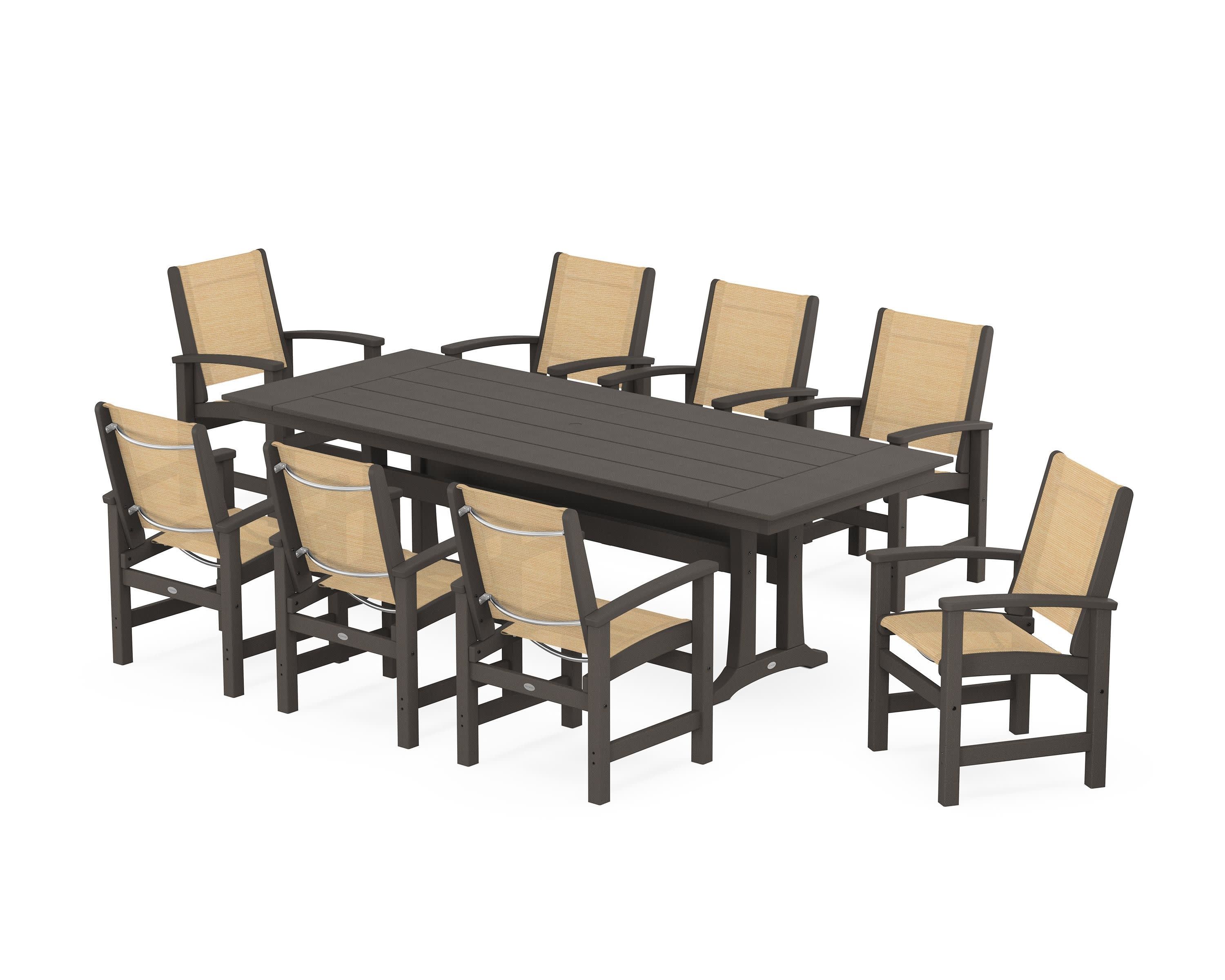 Coastal 9-Piece Farmhouse Dining Set with Trestle Legs in Vintage Coffee / Dupioni Apricot Sling