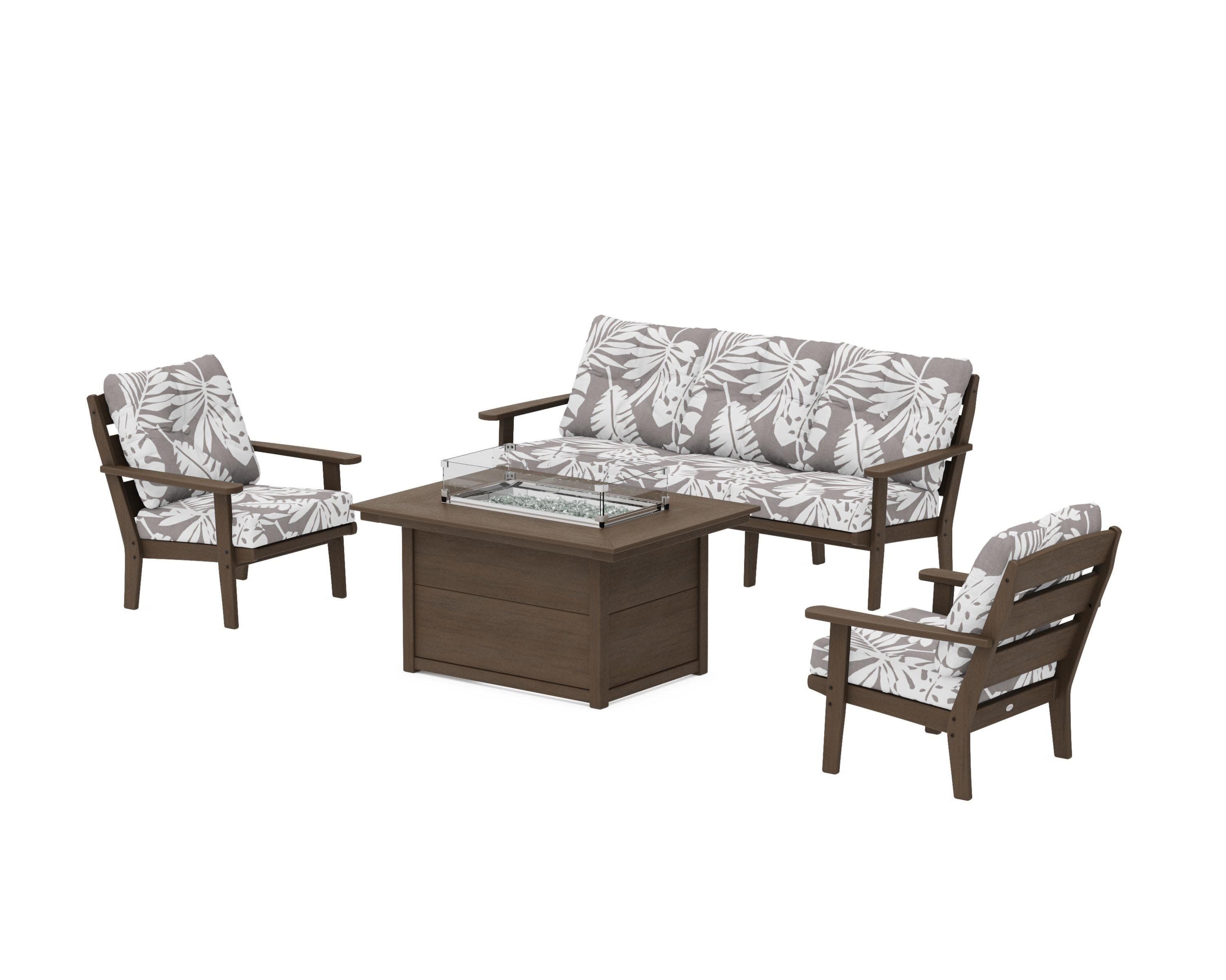 Lakeside Deep Seating Fire Pit Table Set in Kona / Leaf Grey Mist