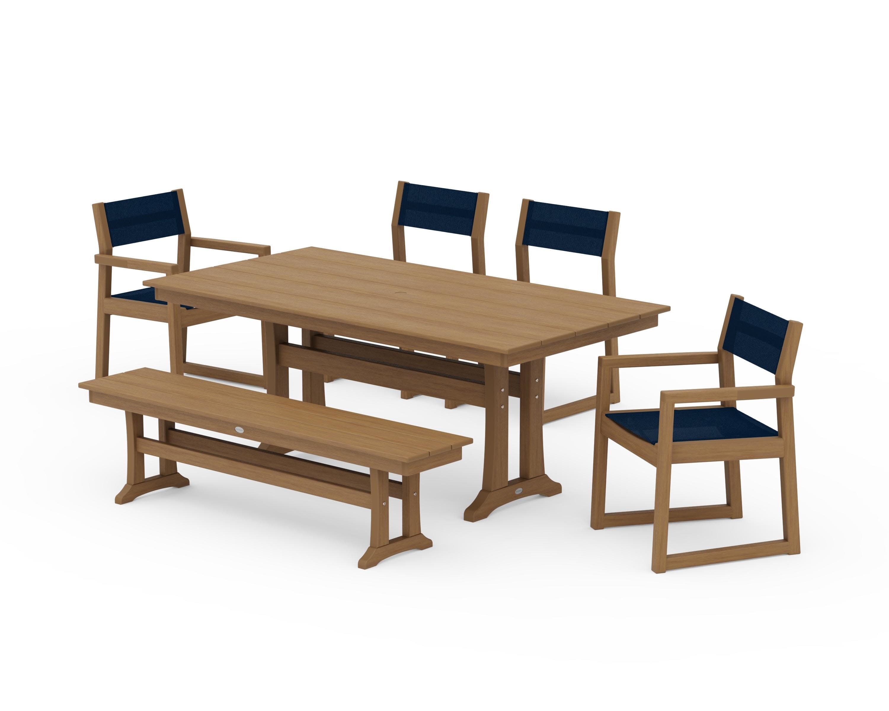 EDGE Sling 6-Piece Farmhouse Dining Set With Trestle Legs in Natural / Navy Blue Sling