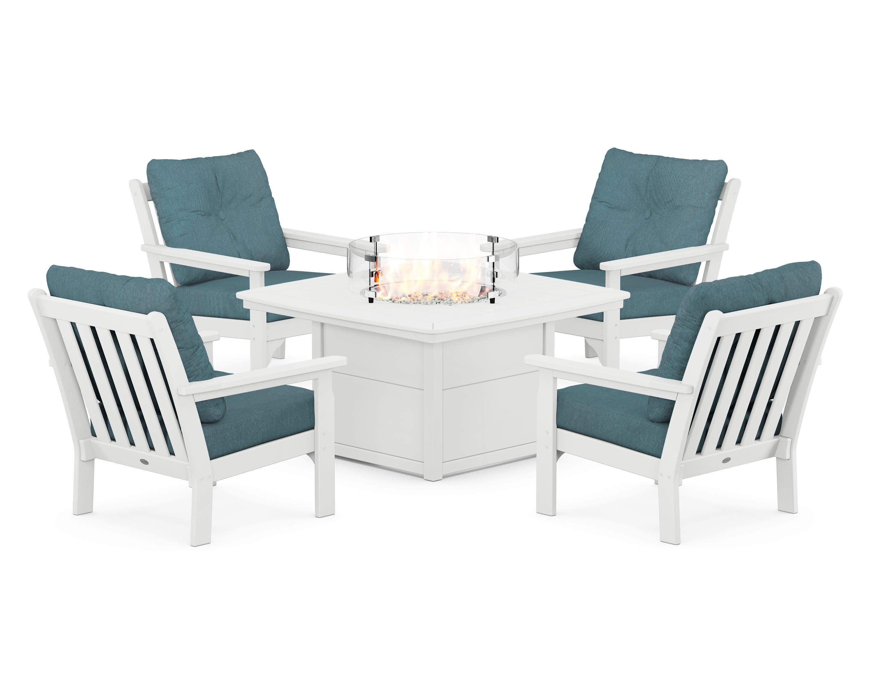 Vineyard 5-Piece Conversation Set with Fire Pit Table in White / Ocean Teal