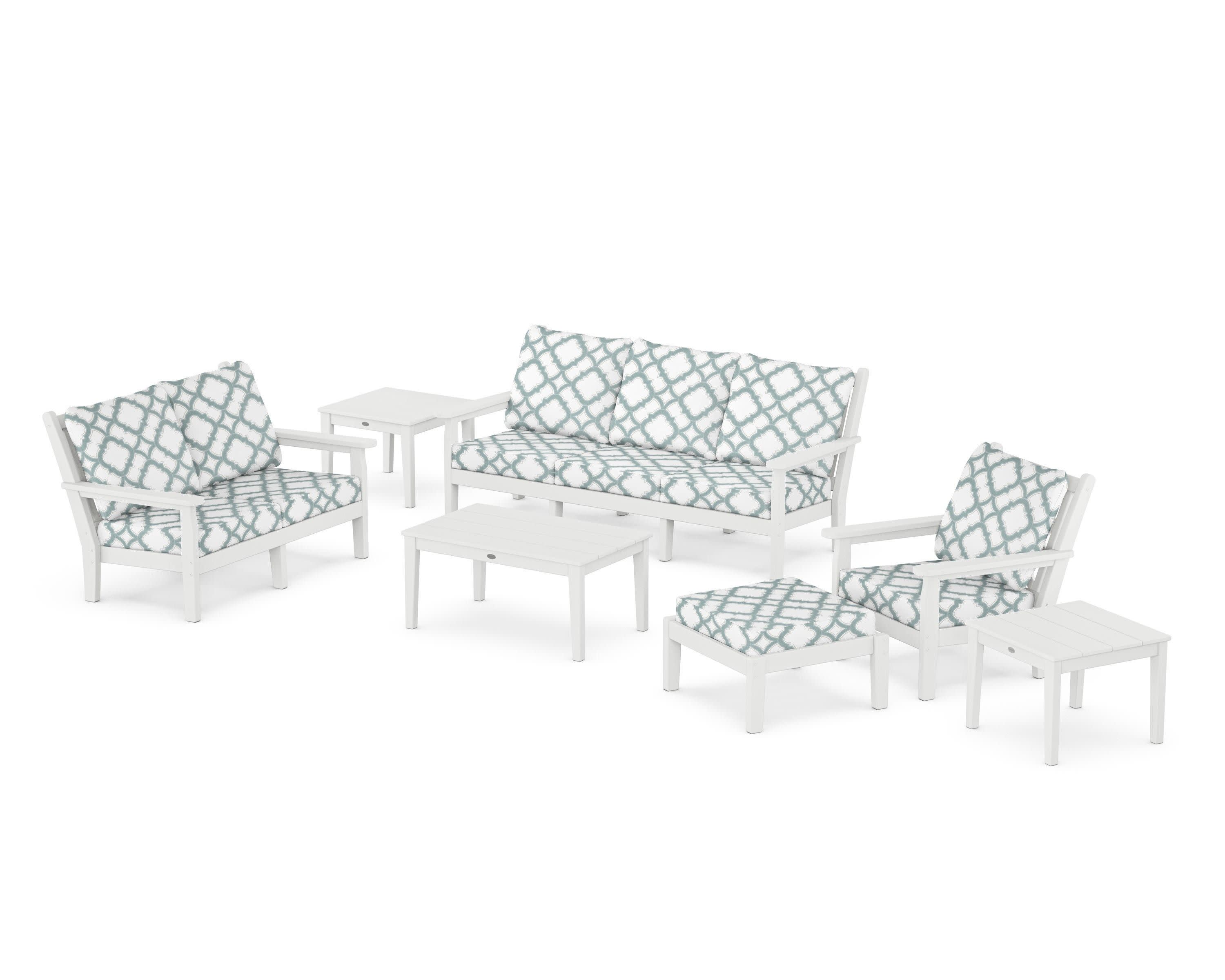 Chippendale 7-Piece Deep Seating Set in White / Trellis Glacier Spa