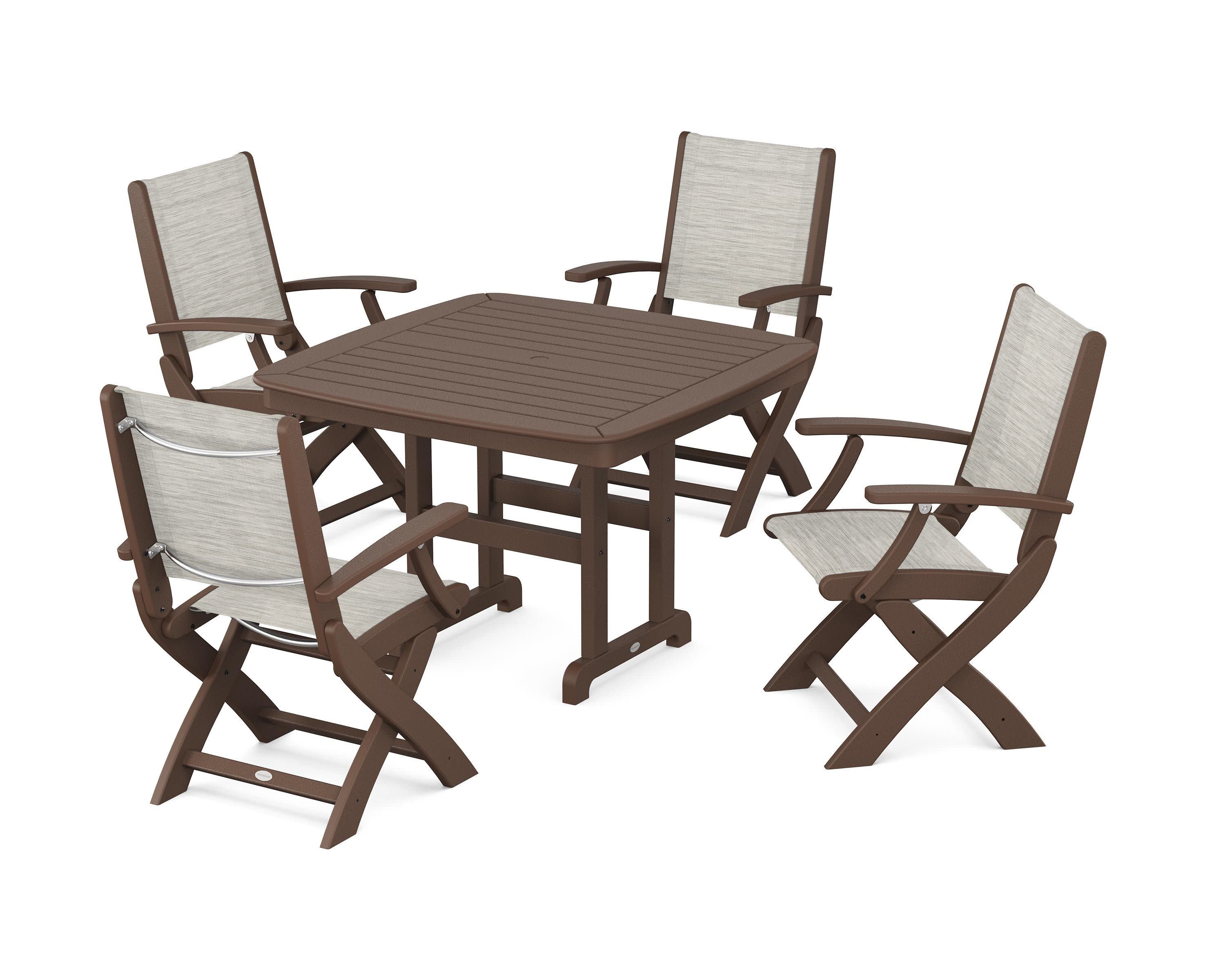Coastal Folding Chair 5-Piece Dining Set in Mahogany / Birch Sling