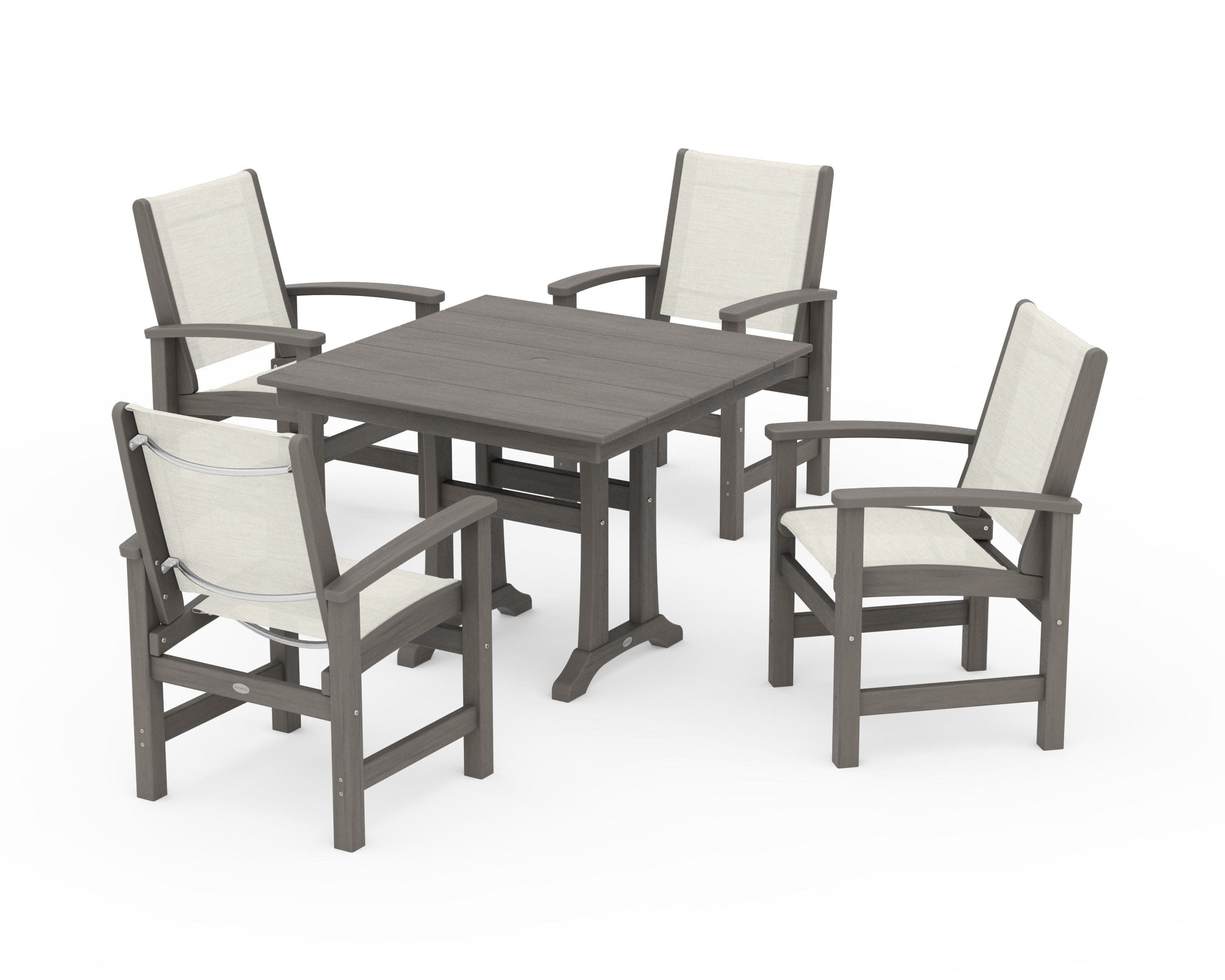 Coastal 5-Piece Farmhouse Dining Set With Trestle Legs in Driftwood / Parchment Sling