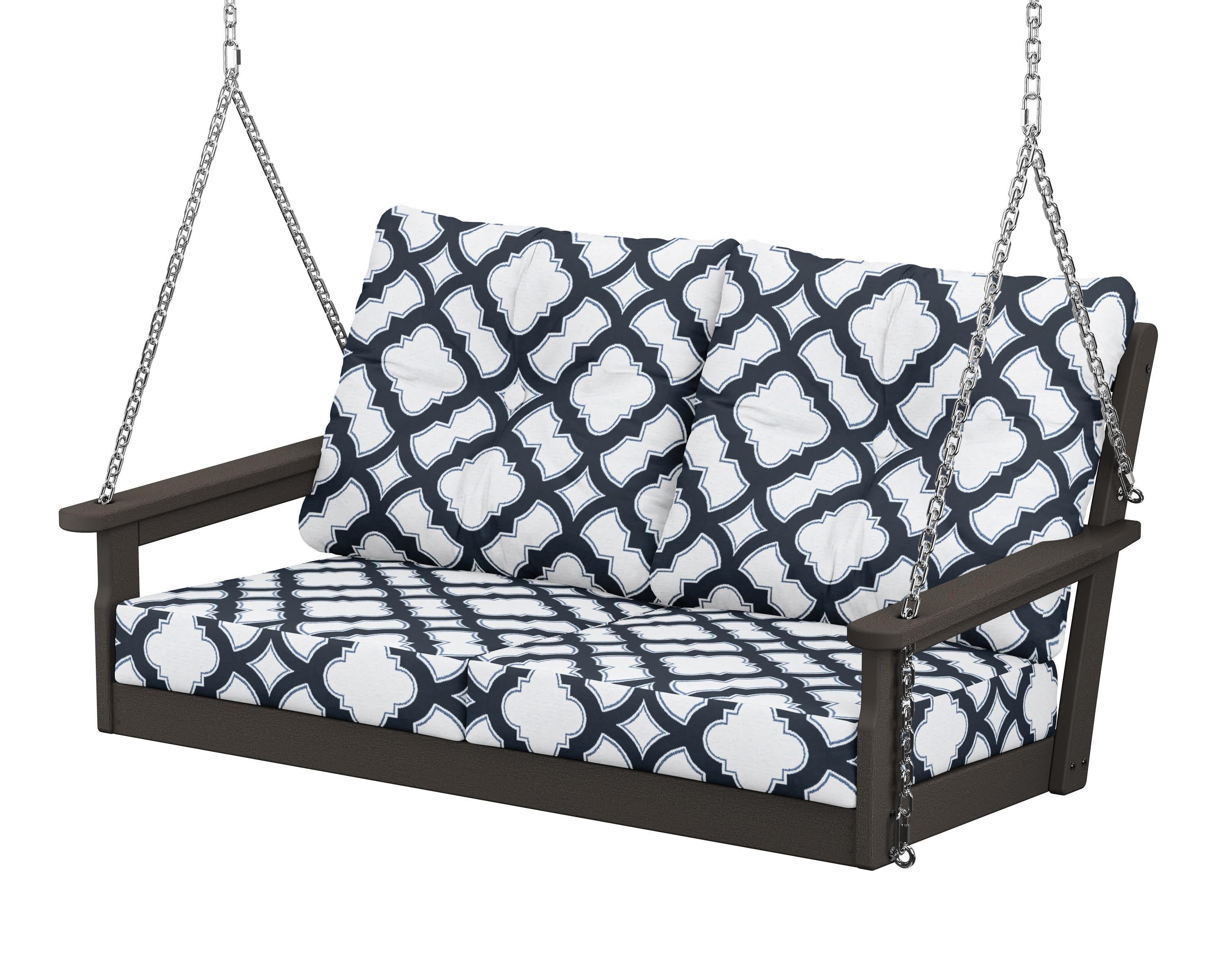 Vineyard Deep Seating Swing in Vintage Coffee / Trellis Marine Indigo