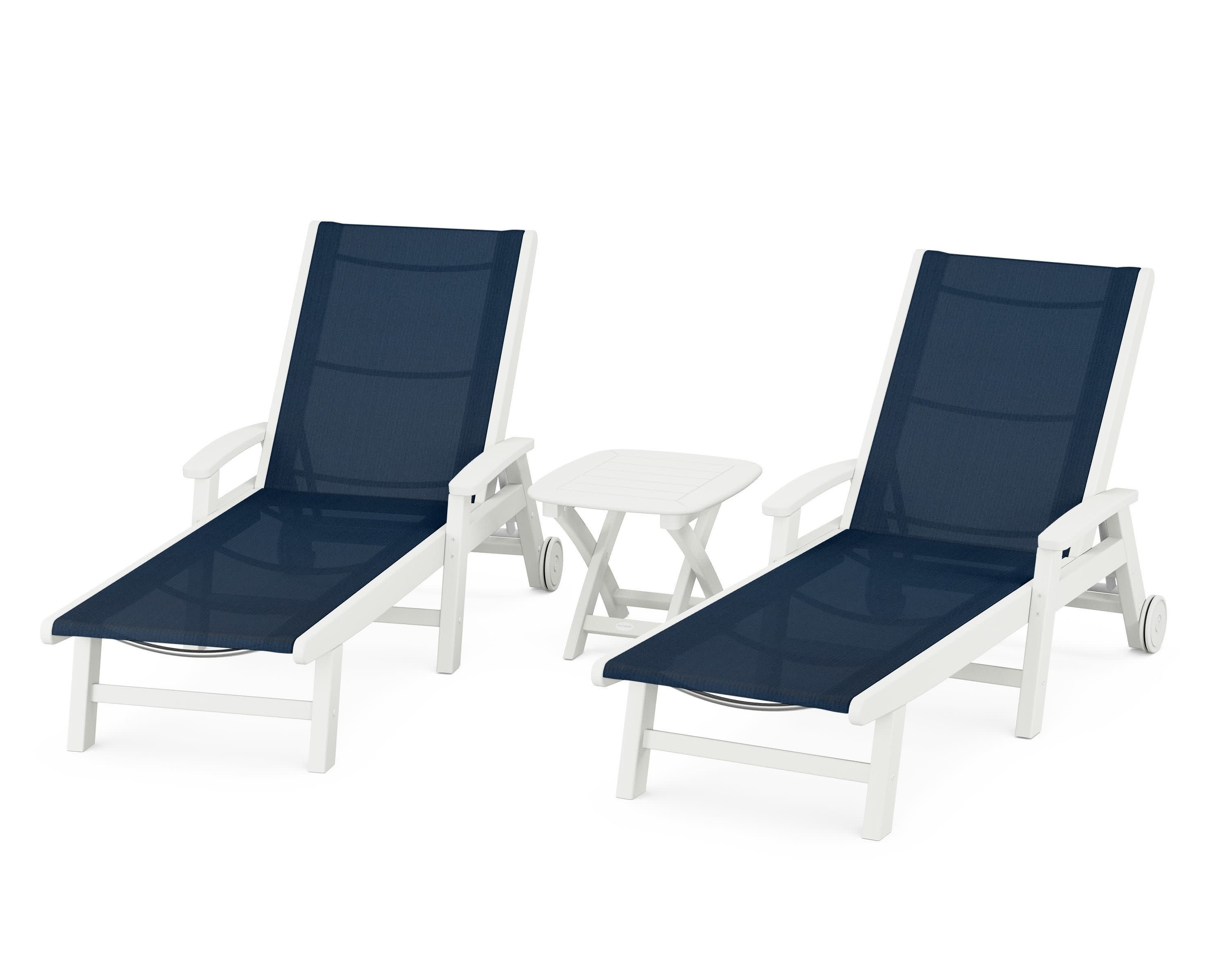 Coastal 3-Piece Wheeled Chaise Set in Vintage White / Navy Blue Sling