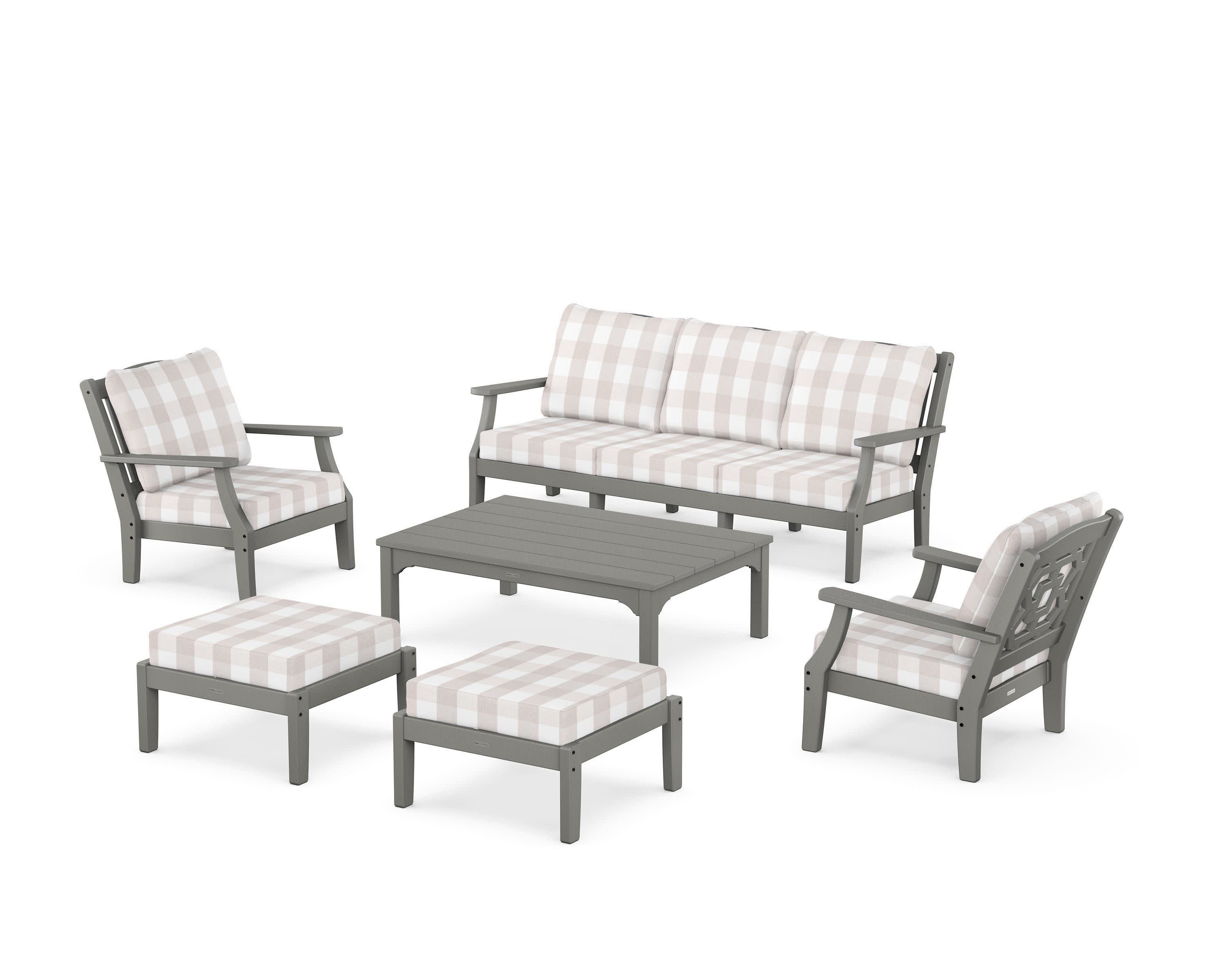 Chinoiserie 6-Piece Lounge Sofa Set in Slate Grey / Buffalo Plaid Dune Burlap