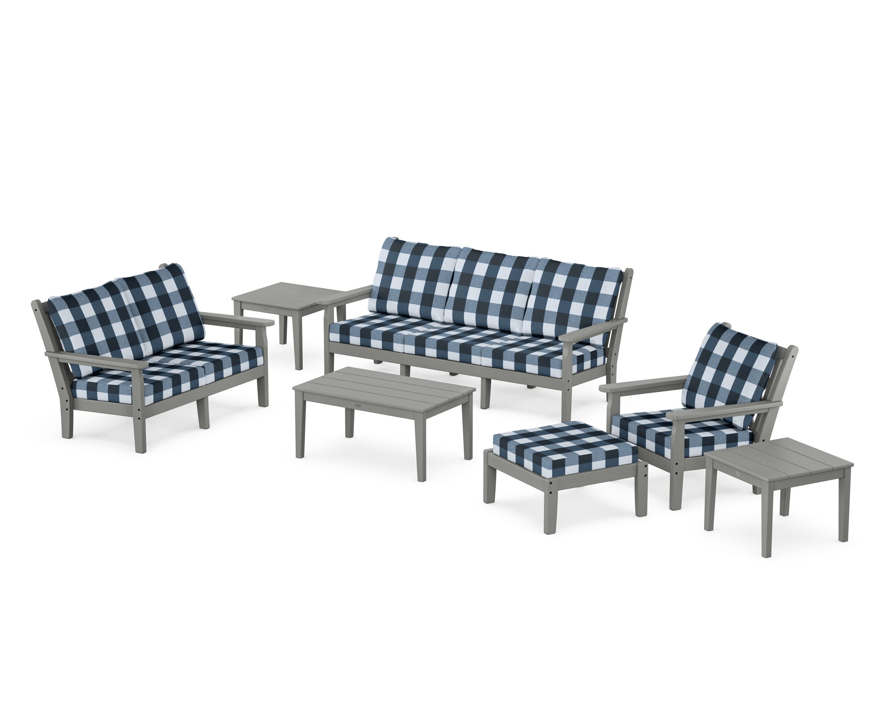 Chippendale 7-Piece Deep Seating Set in Slate Grey / Buffalo Plaid Marine Indigo