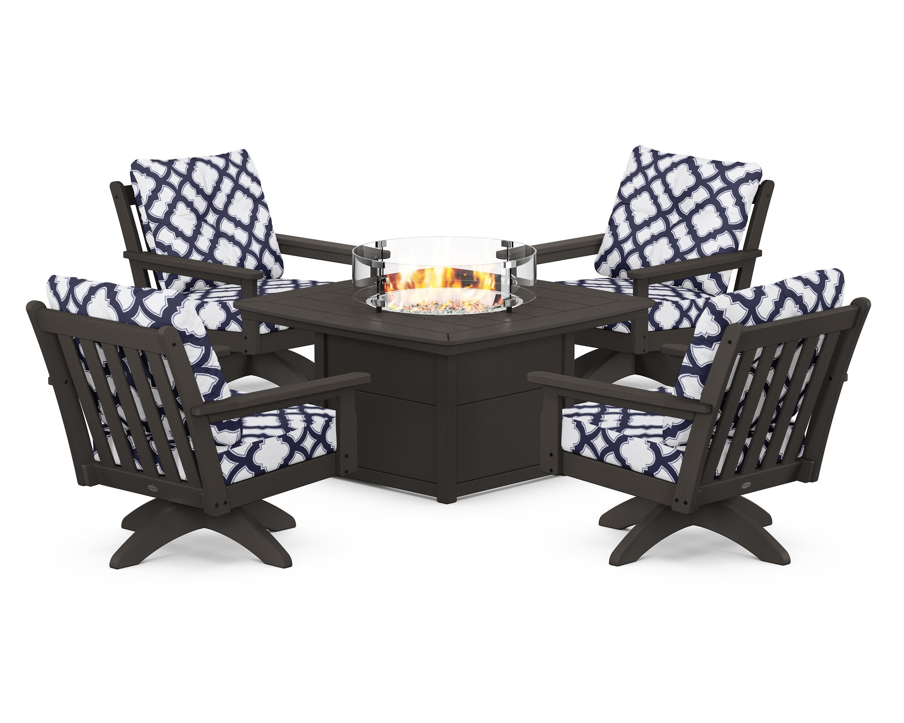 Vineyard 5-Piece Deep Seating Swivel Conversation Set with Fire Pit Table in Vintage Coffee / Trellis Navy