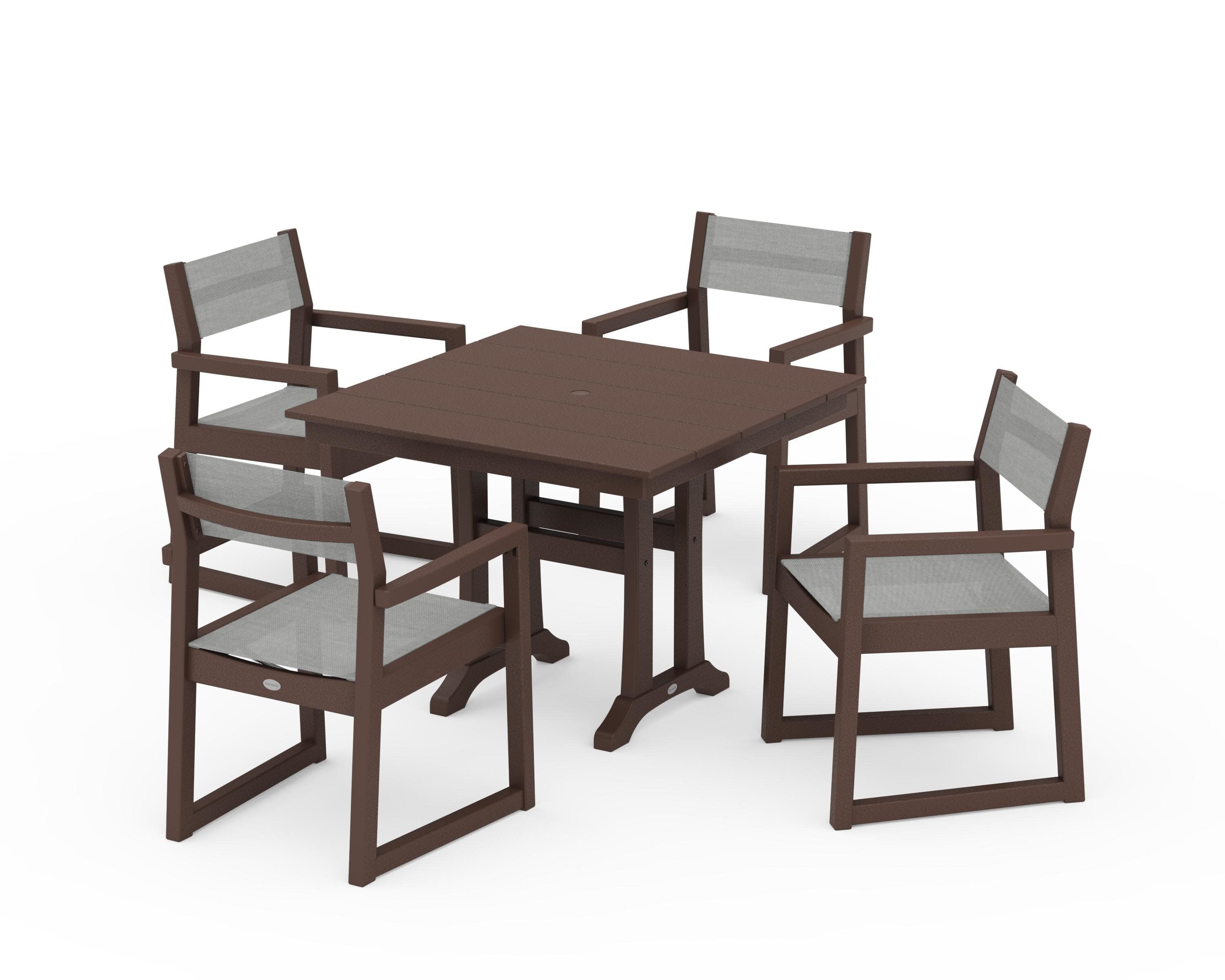 EDGE Sling 5-Piece Farmhouse Dining Set with Trestle Legs in Mahogany / Metallic Sling