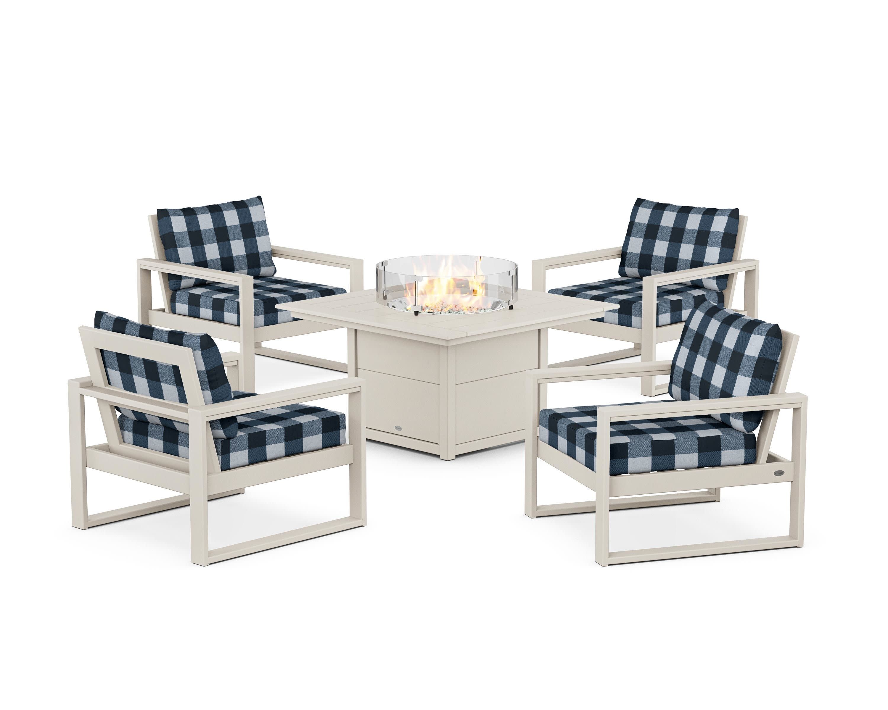 EDGE Sectional 5-Piece Deep Seating Set with Fire Pit Table in Sand / Buffalo Plaid Marine Indigo