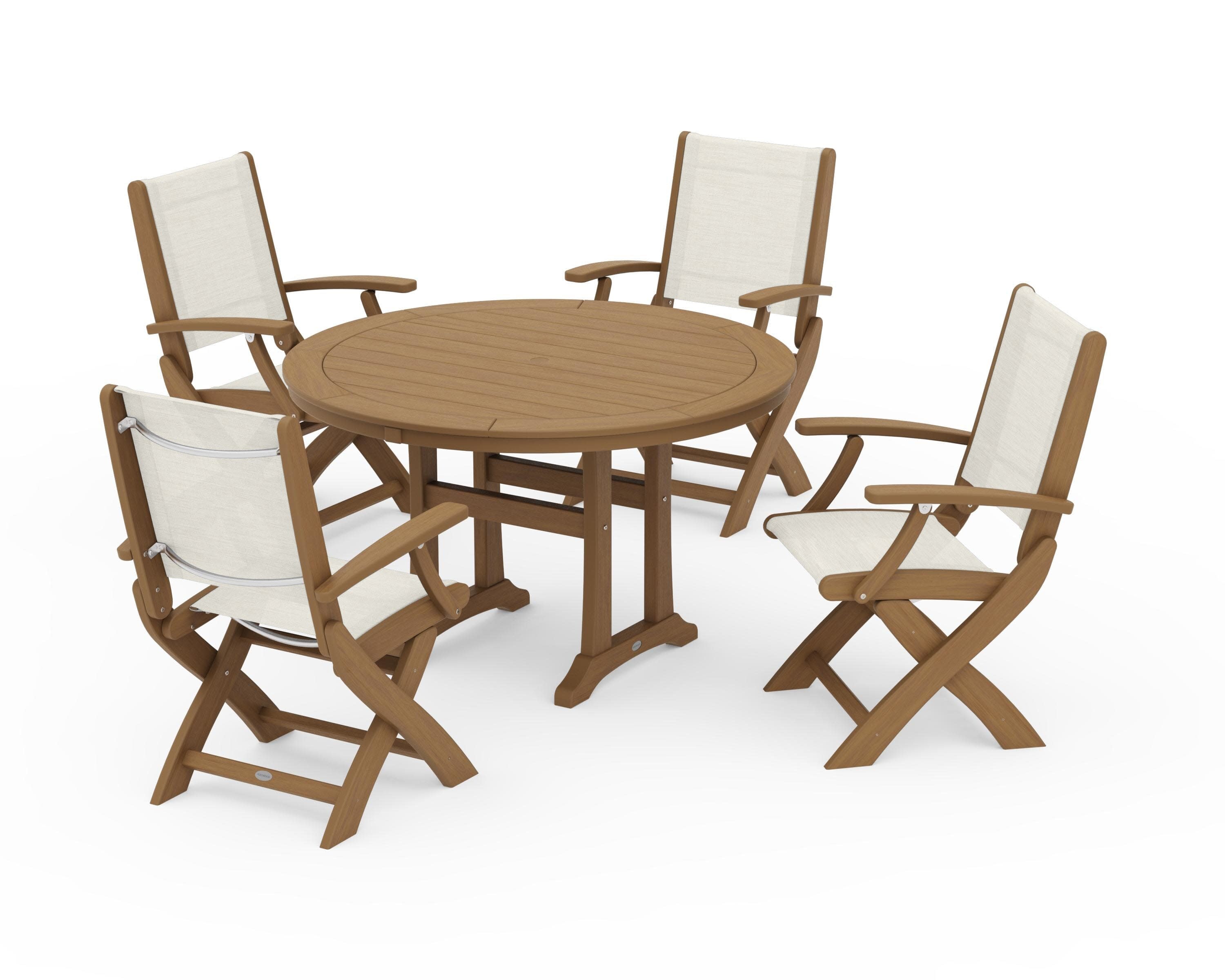 Coastal Folding Chair 5-Piece Round Dining Set with Trestle Legs in Natural / Parchment Sling
