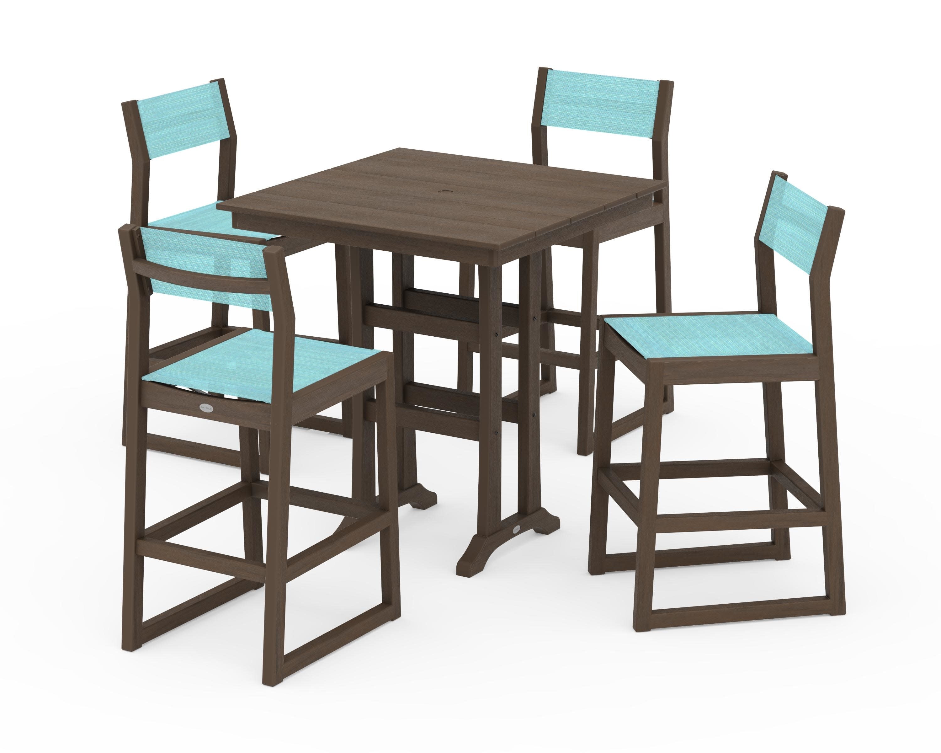 EDGE Sling Arm Chair 5-Piece Farmhouse Bar Set with Trestle Legs in Kona / Dupioni Aquamarine Sling