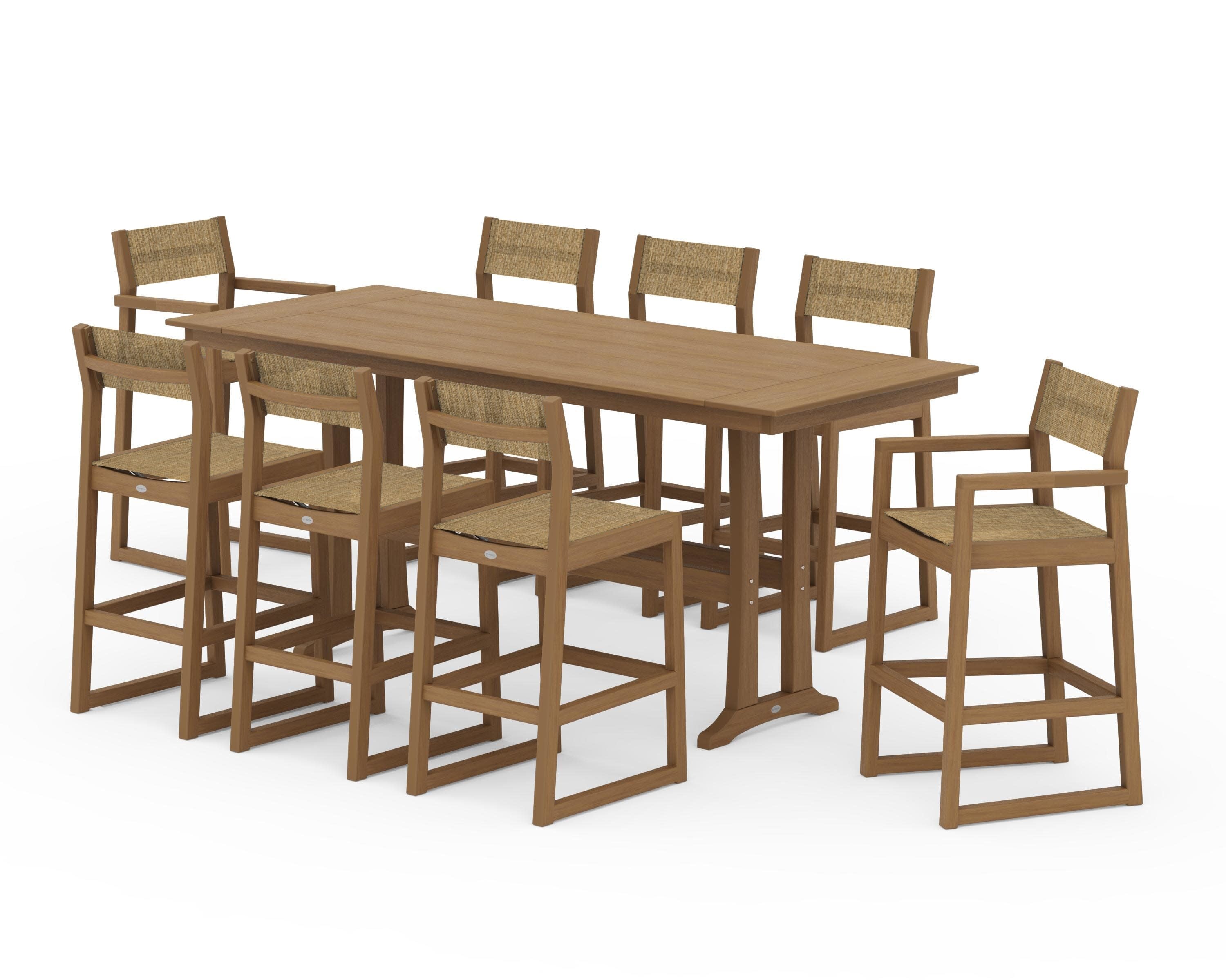 EDGE Sling 9-Piece Farmhouse Bar Set with Trestle Legs in Natural / Burlap Sling