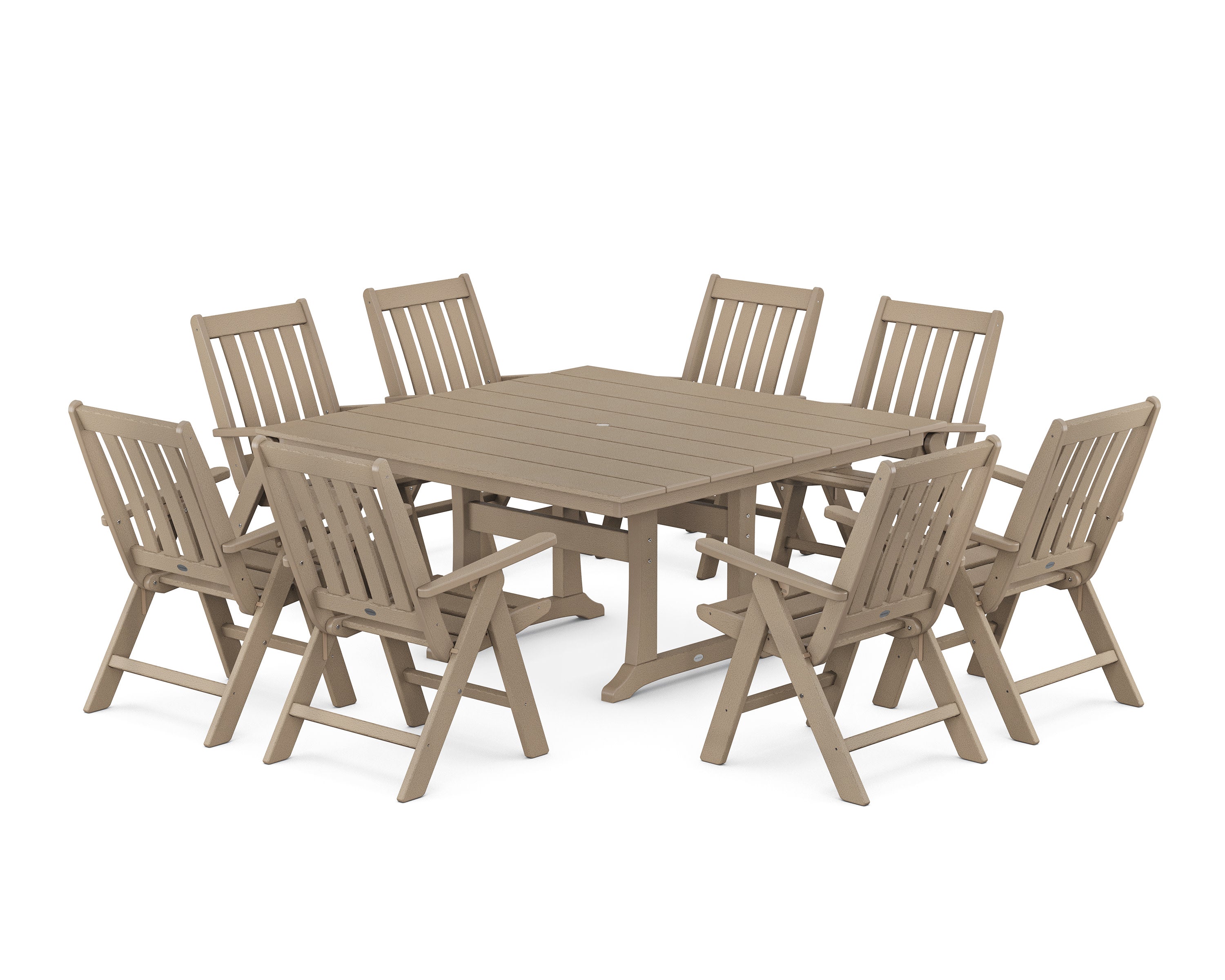 Vineyard Folding Chair 9-Piece Square Farmhouse Dining Set with Trestle Legs in Vintage Sahara