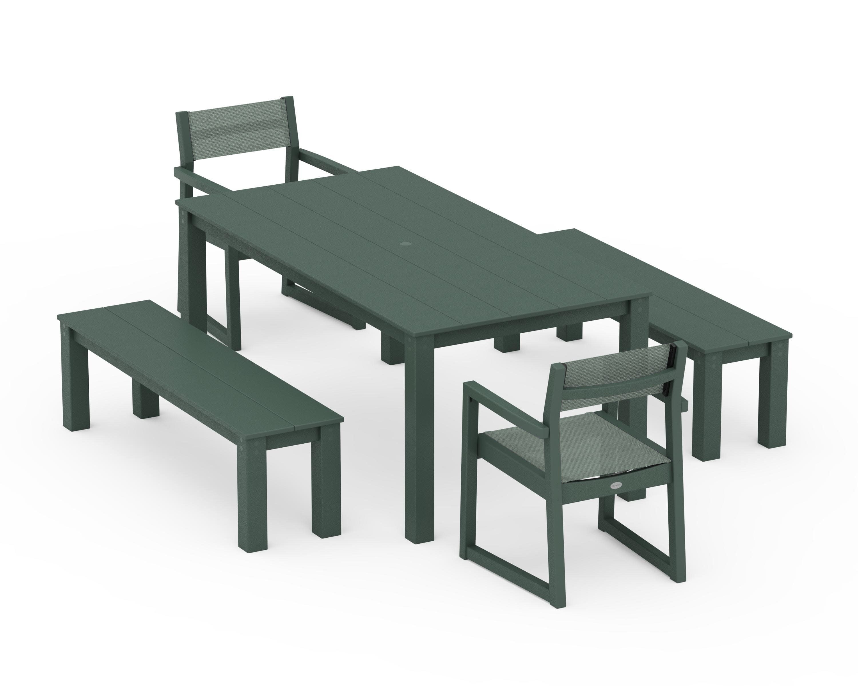 EDGE Sling Arm Chair 5-Piece Parsons Dining Set with Benches in Green / Dupioni Sea Mist Sling
