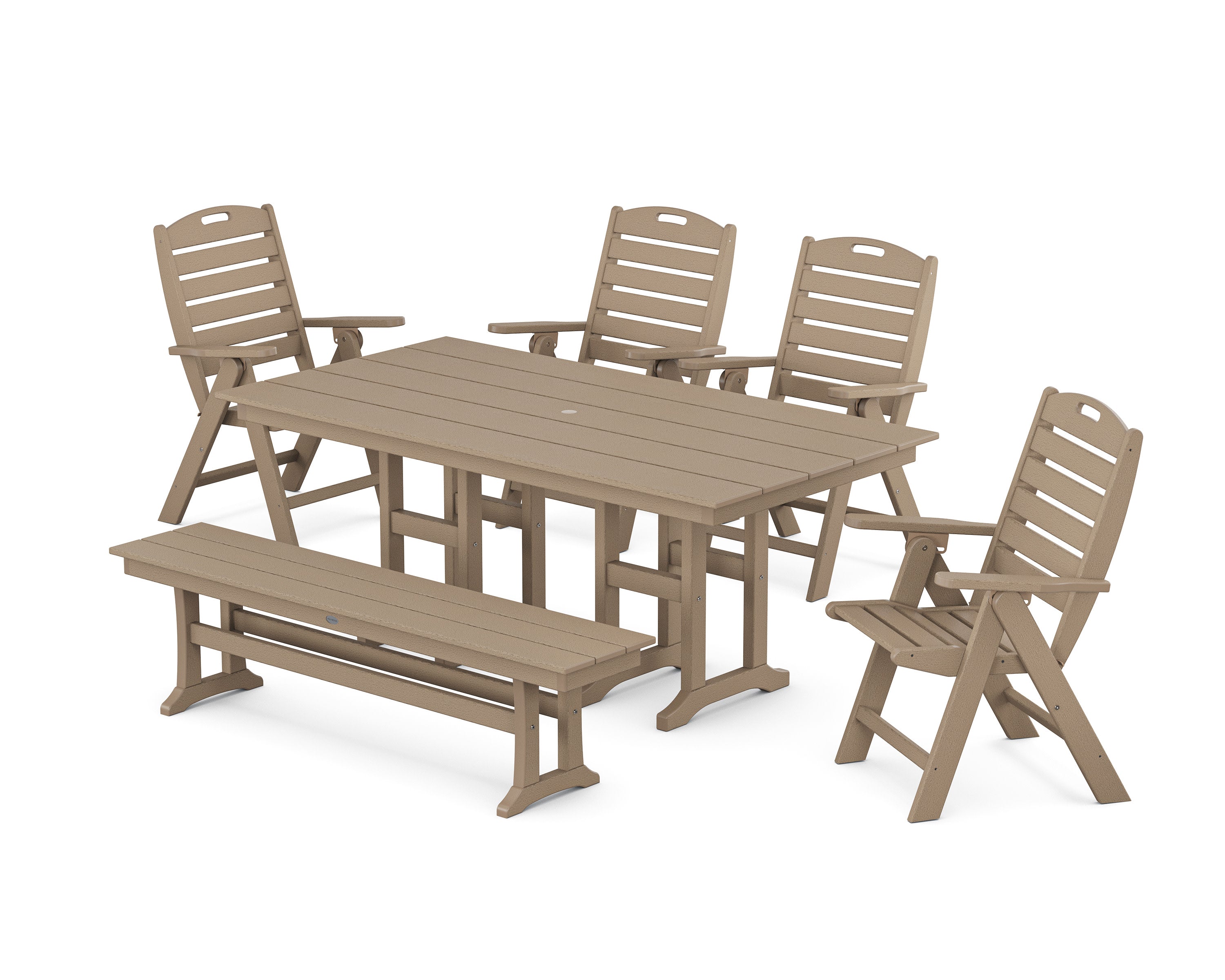 Nautical Highback 6-Piece Farmhouse Dining Set with Bench in Vintage Sahara