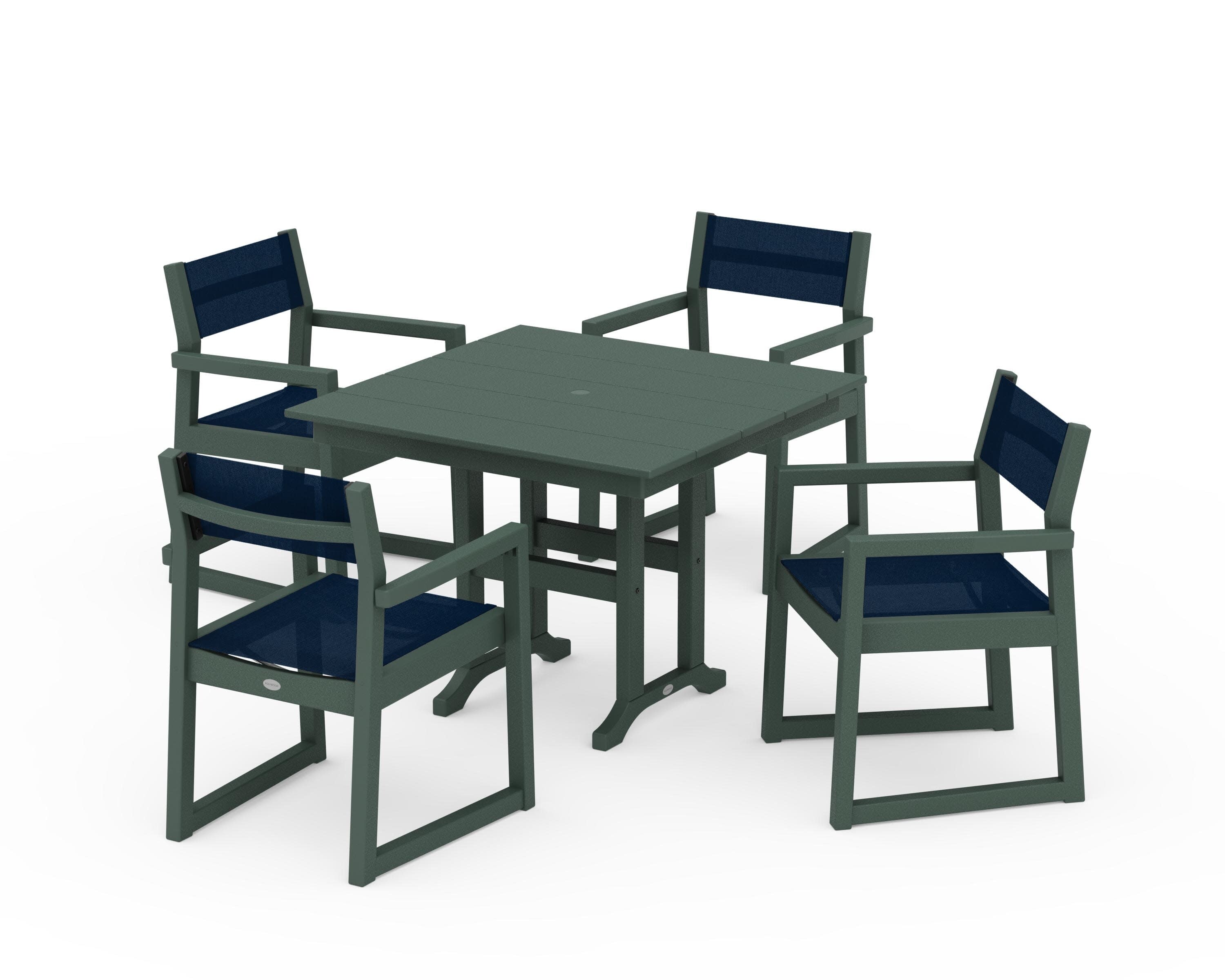 EDGE Sling Arm Chair 5-Piece Farmhouse Dining Set in Green / Navy Blue Sling