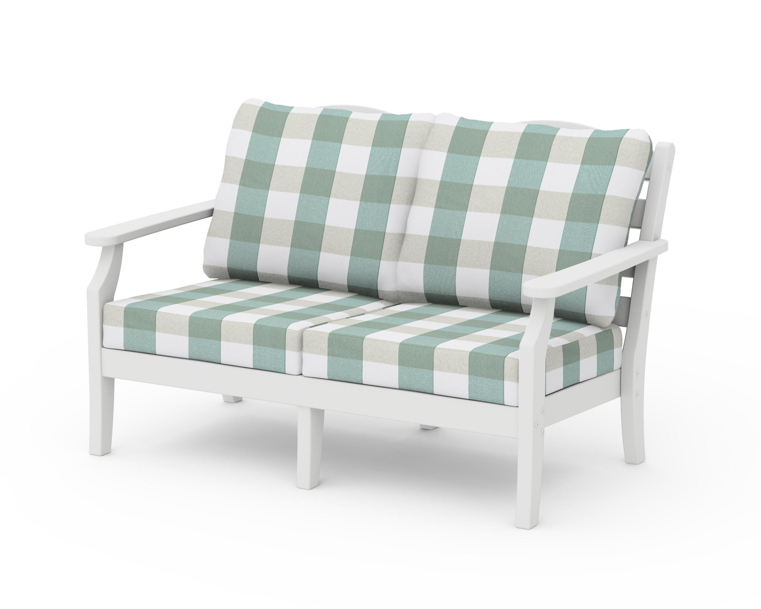 Savannah Deep Seating Loveseat in White / Buffalo Plaid Glacier Spa