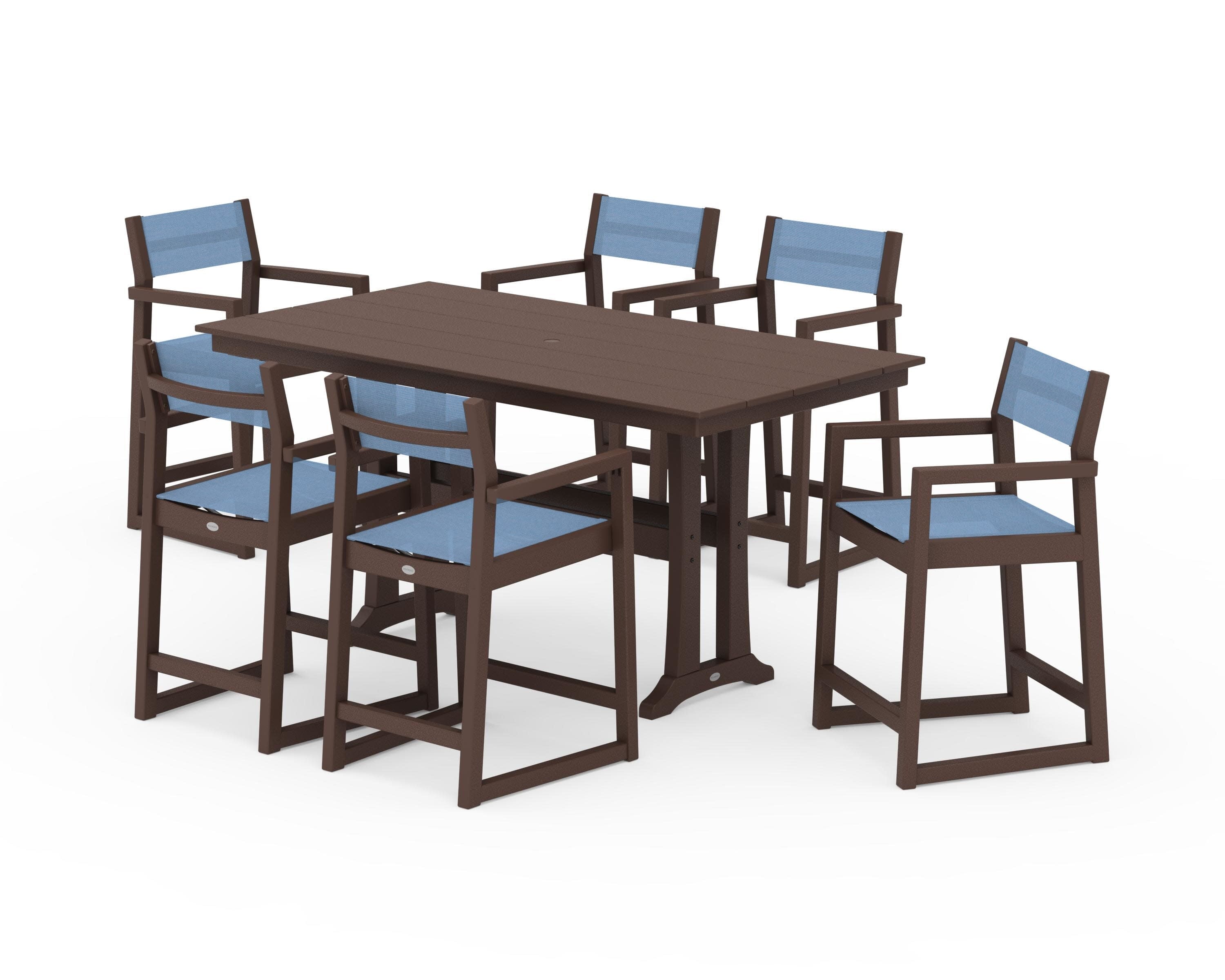 EDGE Sling Arm Chair 7-Piece Farmhouse Counter Set with Trestle Legs in Mahogany / Poolside Sling