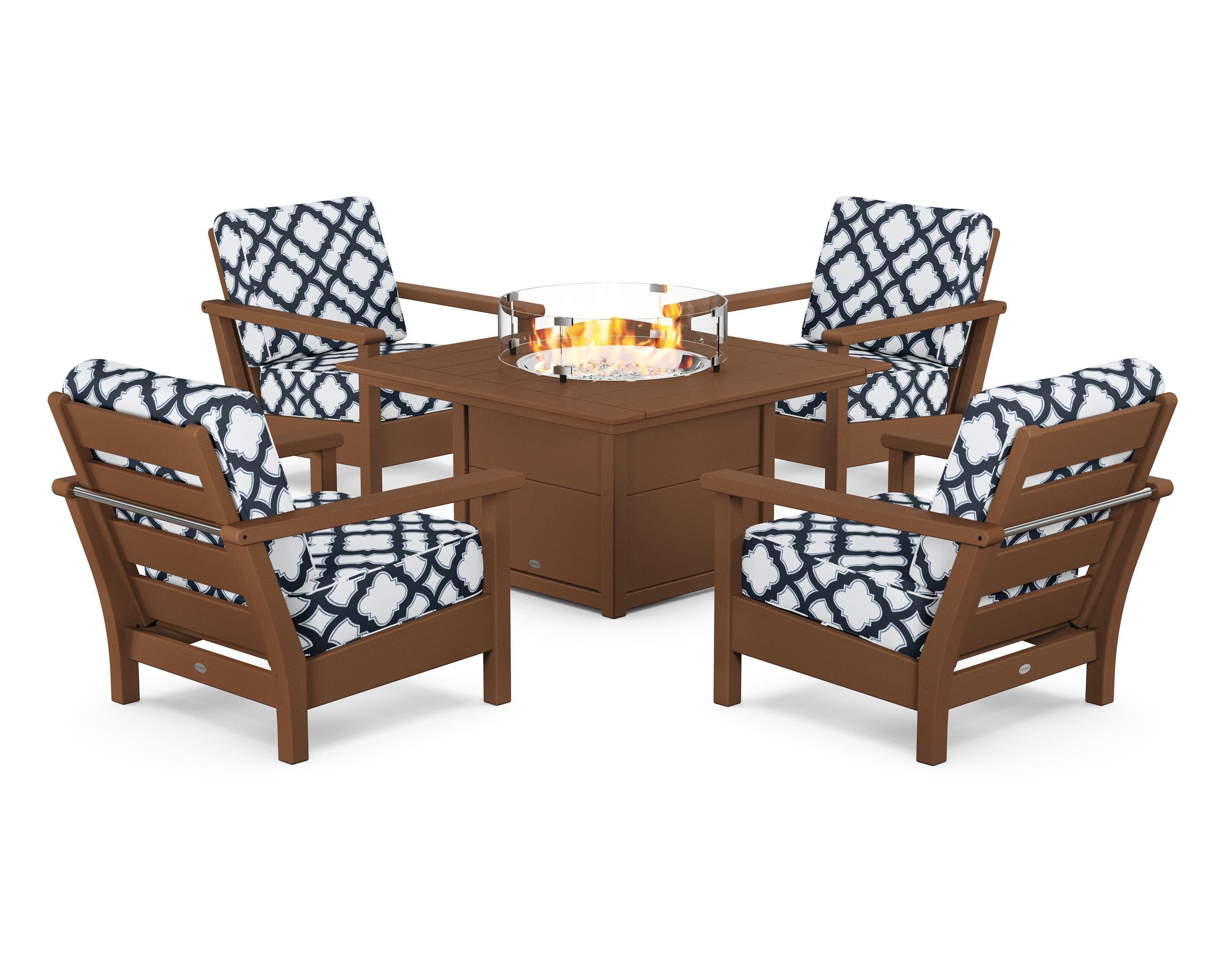 Harbour 5-Piece Conversation Set with Fire Pit Table in Teak / Trellis Marine Indigo