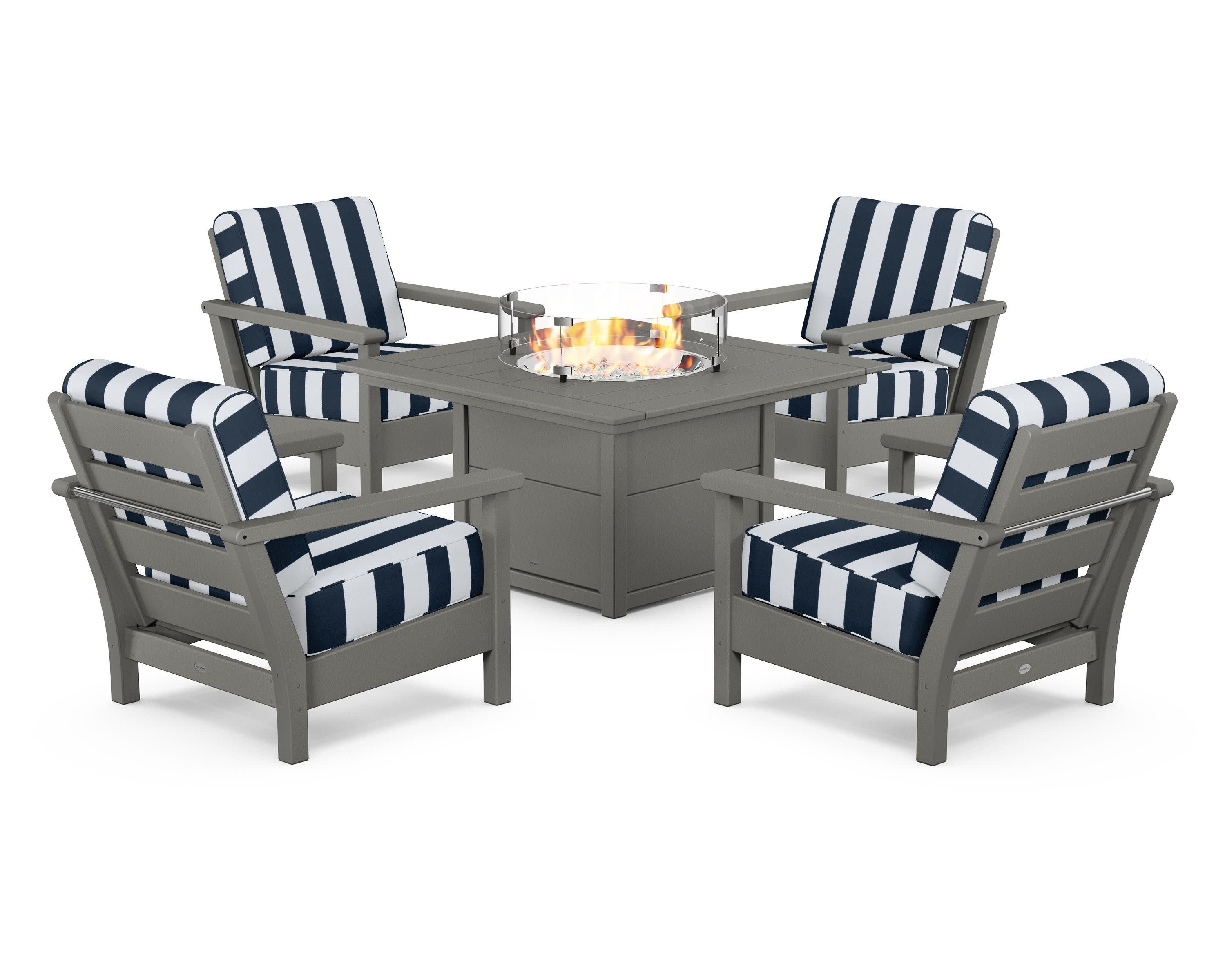 Harbour 5-Piece Conversation Set with Fire Pit Table in Slate Grey / Cabana Stripe Marine Indigo