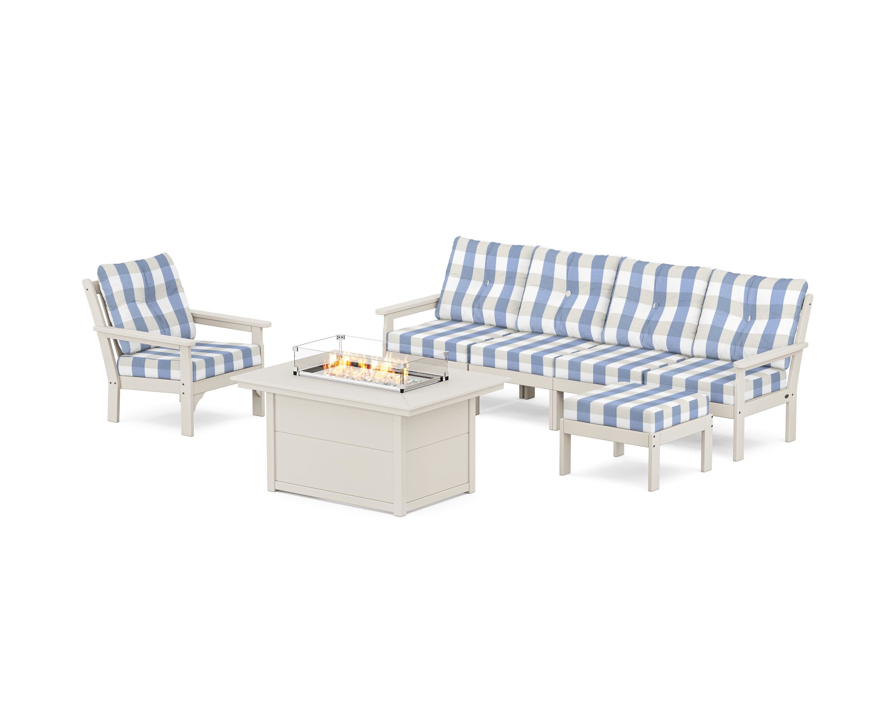 Vineyard Sectional Lounge and Fire Pit Set in Sand / Buffalo Plaid Sky Blue