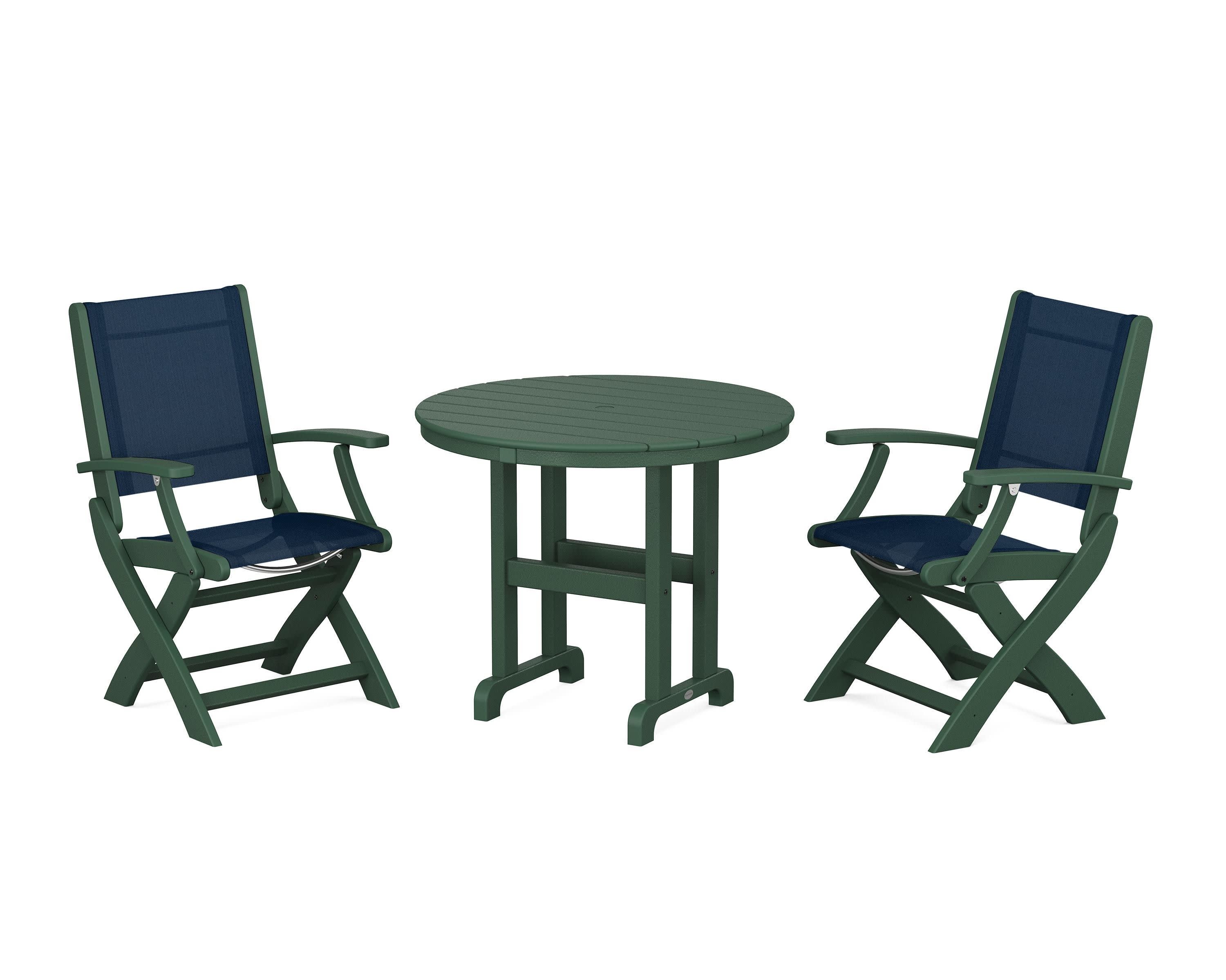 Coastal Folding Chair 3-Piece Round Dining Set in Green / Navy Blue Sling