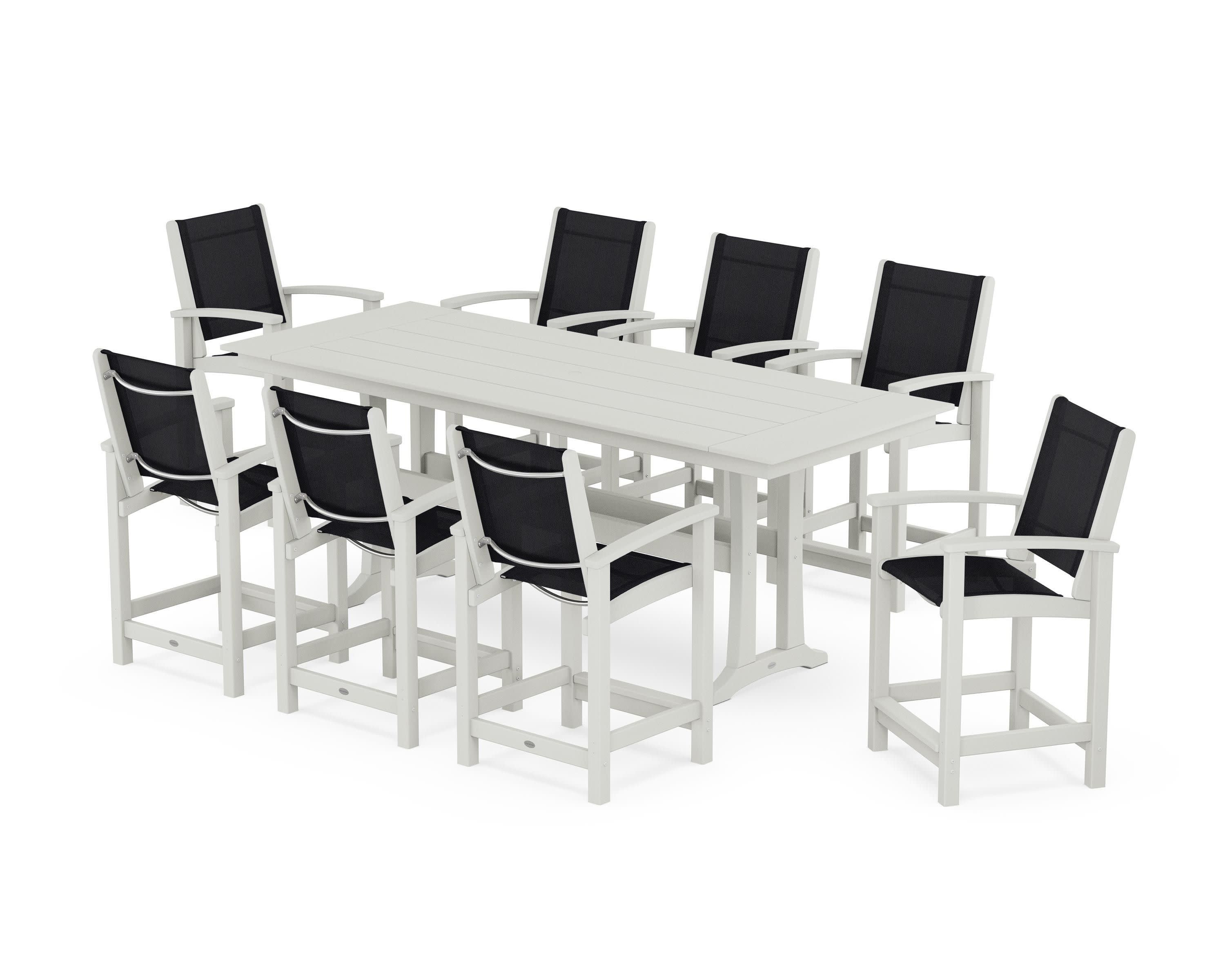 Coastal 9-Piece Farmhouse Counter Set with Trestle Legs in Vintage White / Black Sling