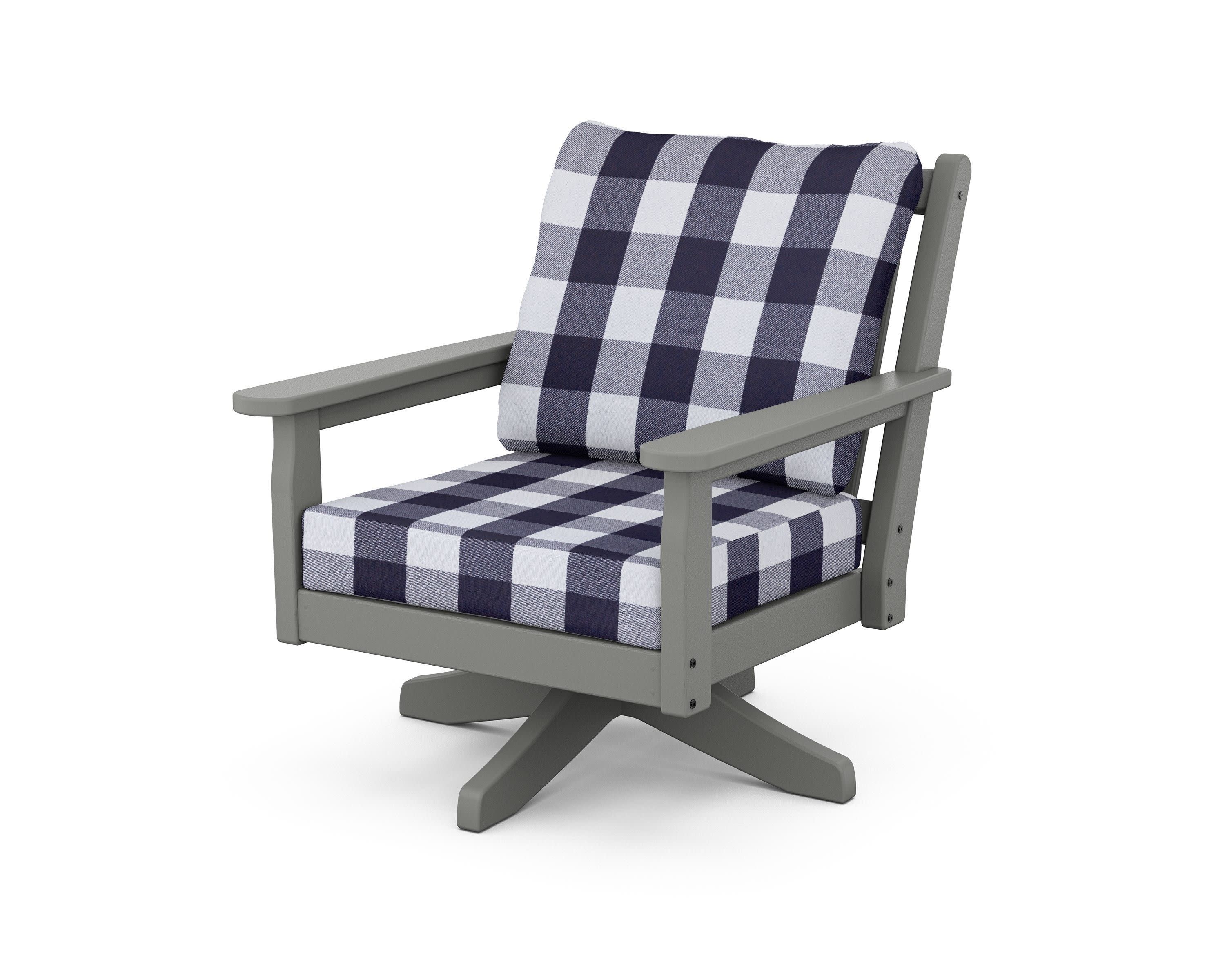 Chippendale Deep Seating Swivel Chair in Slate Grey / Buffalo Plaid Navy
