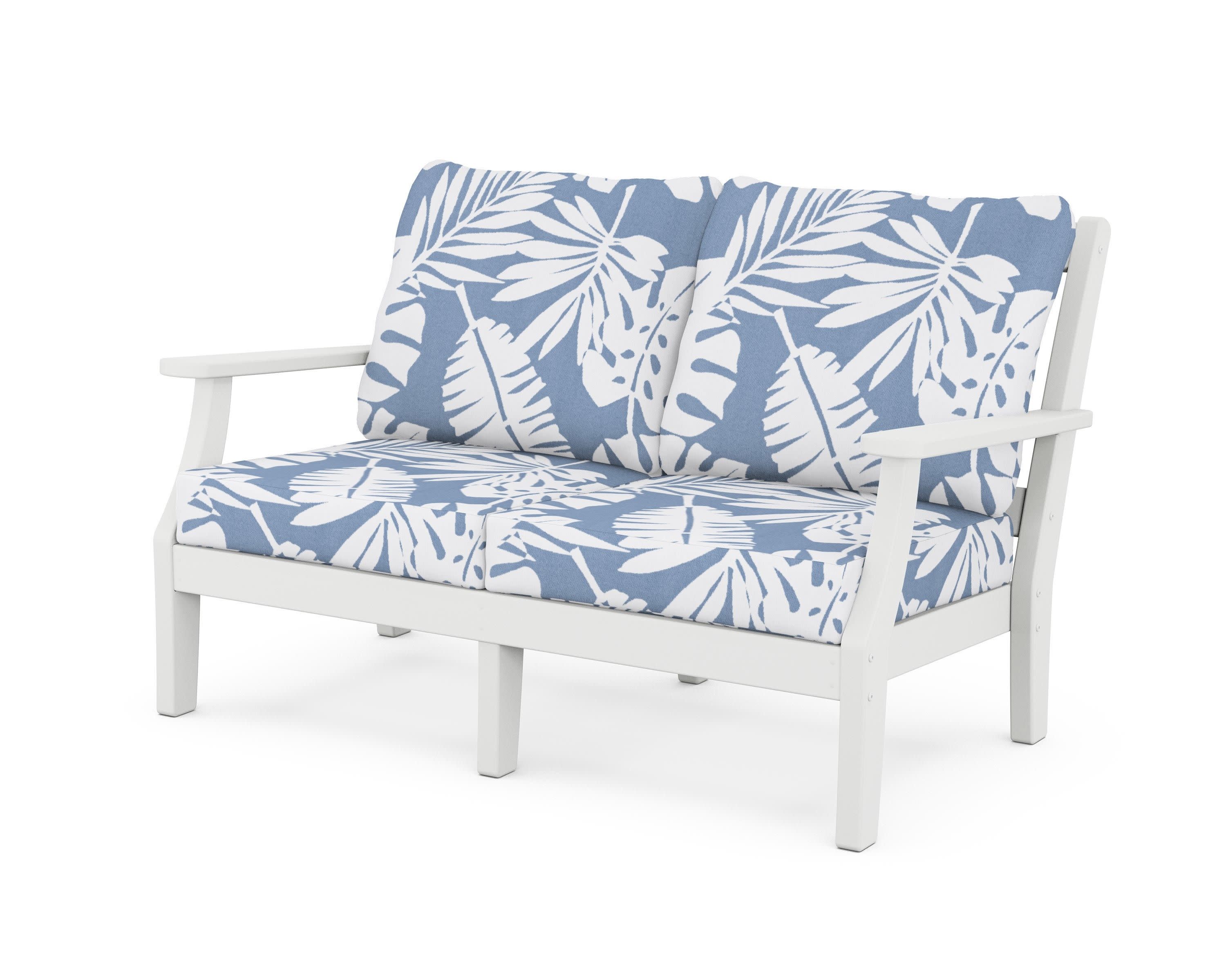 Chinoiserie Deep Seating Loveseat in White / Leaf Sky Blue